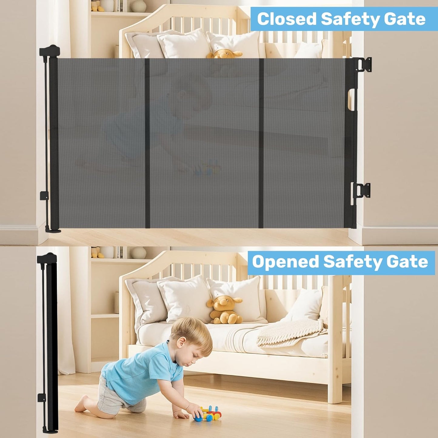 Retractable Baby Gates for Stairs & Doorways - 71” Wide Mesh Safety Gate for Toddlers, Dog & Pets - Use for Indoor/Outdoor, Hallways, Deck, Porch - Easy Installation, Secure Closure