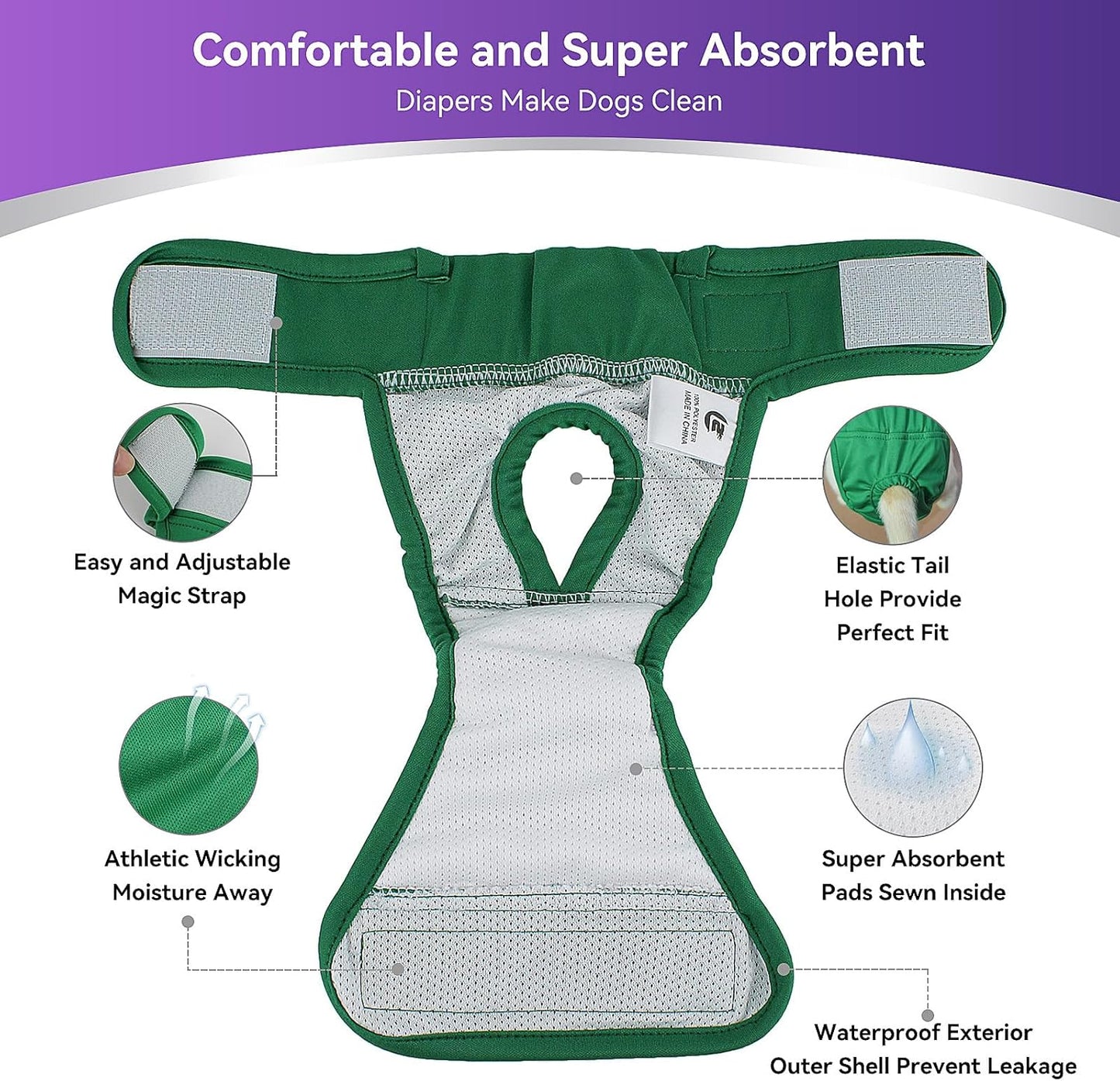 LESYPET Dog Diapers, Waterproof Female Dog Diapers for Dogs in Heat, Excitable Urination, or Incontinence, Washable and Reusable, Pack of 3, Size XX-Large