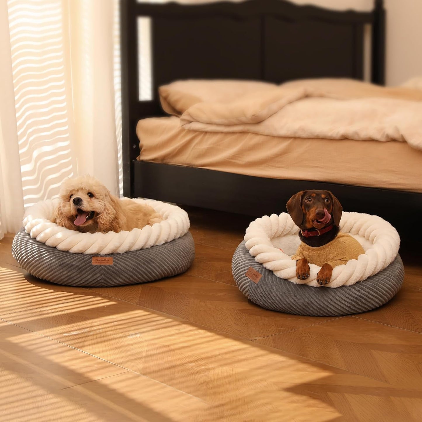FUKUMARU Dog Bed, Calming Donut Dog Beds, Plush Faux Fur&Corduroy Cat Beds, Cute Round Washable Pet Bed for Large Cats and Small Dogs, Cat Cave with Anti-Slip Bottom, 25inch, Grey