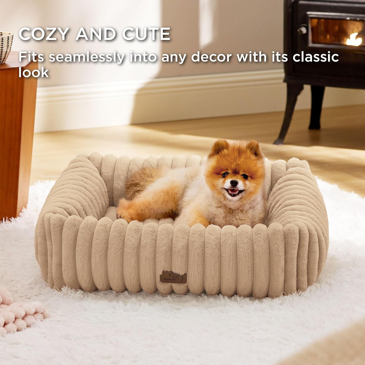 Bedsure ComfyFleece™ Washable Dog Bed for Medium Dogs - Cute Furry Puppy Beds, Rectangle Orthopedic Corduroy Fleece Pet Beds with Removable Zipper Cover, 30x24x8inches, Sandy Beige