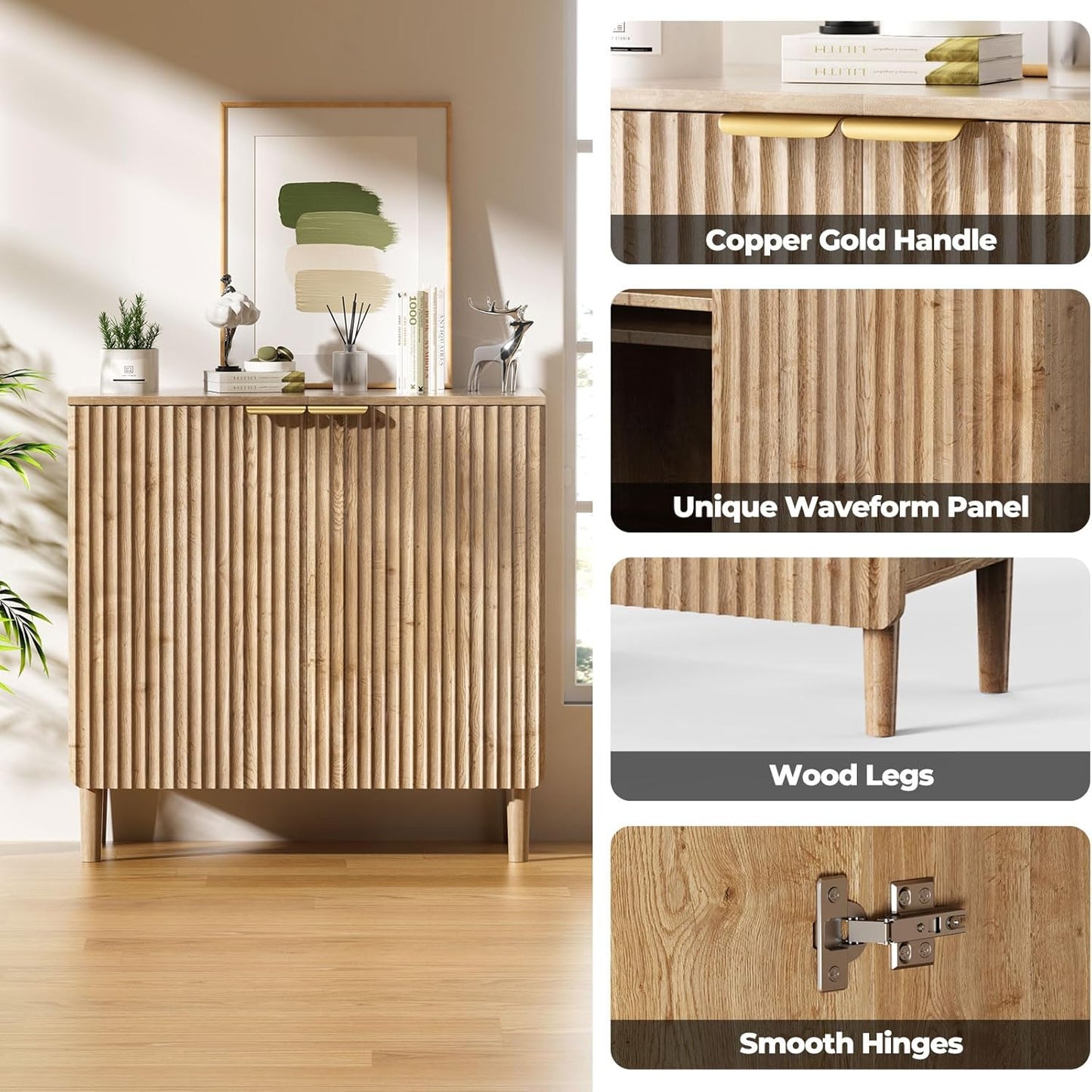 Sideboard Buffet Storage Cabinet - Wood Cabinets with Adjustable Shelves Fluted Doors, Anti-Tip Console Table for Kitchen Dining Living Room or Entryway Hallway, Easy Assembly, Natural