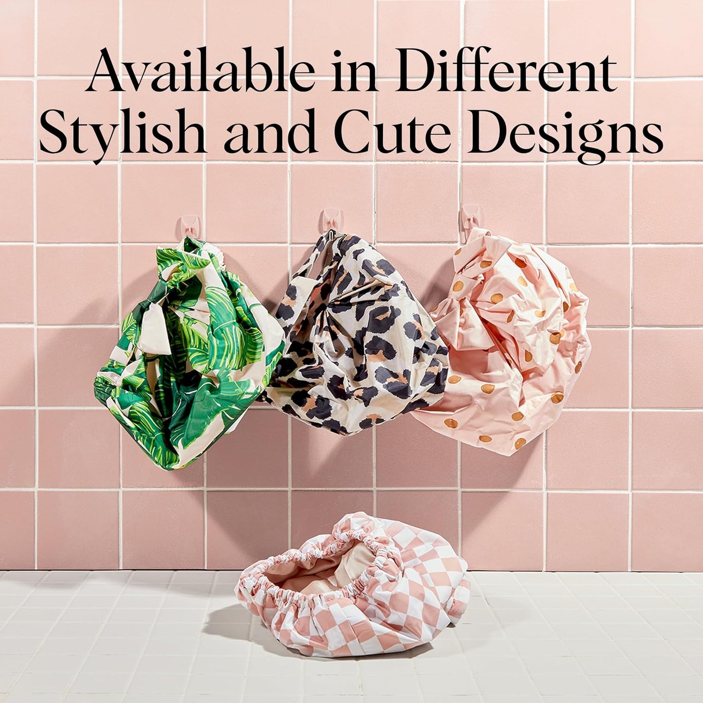 Kitsch Luxury Satin-Lined Flexi Shower Caps for Women Reusable Waterproof - Large Wide Shower Cap for Women & Men, Adjustable, Stylish Hair Cap for Showers, For Long & Short Hair - Terracotta Checker