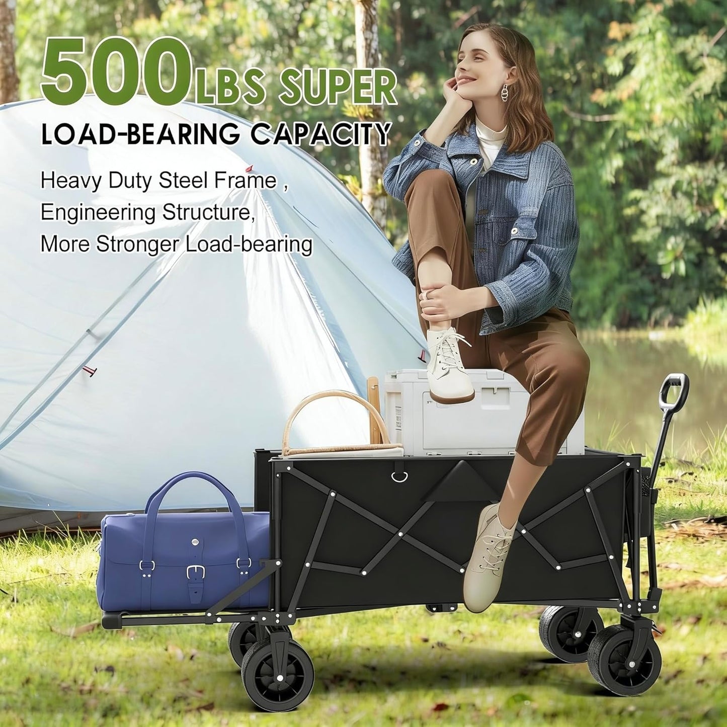 ZENPETIO 49" Collapsible Wagons Carts Foldable with Tailgate, 300L Heavy Duty Folding Wagon Cart with Big All-Terrain Beach Wheels, 500 LBS Capacity Portable Utility Wagon for Garden Outdoor Camping