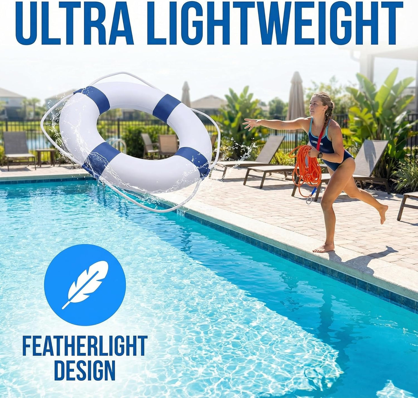 20 Inch / 50cm Pool Safety Life Preserver Throw Ring Buoy- Swim Foam Rings for Swimming Pool Wall Decoration with 98.4FT Water Floating Lifesaving Rope