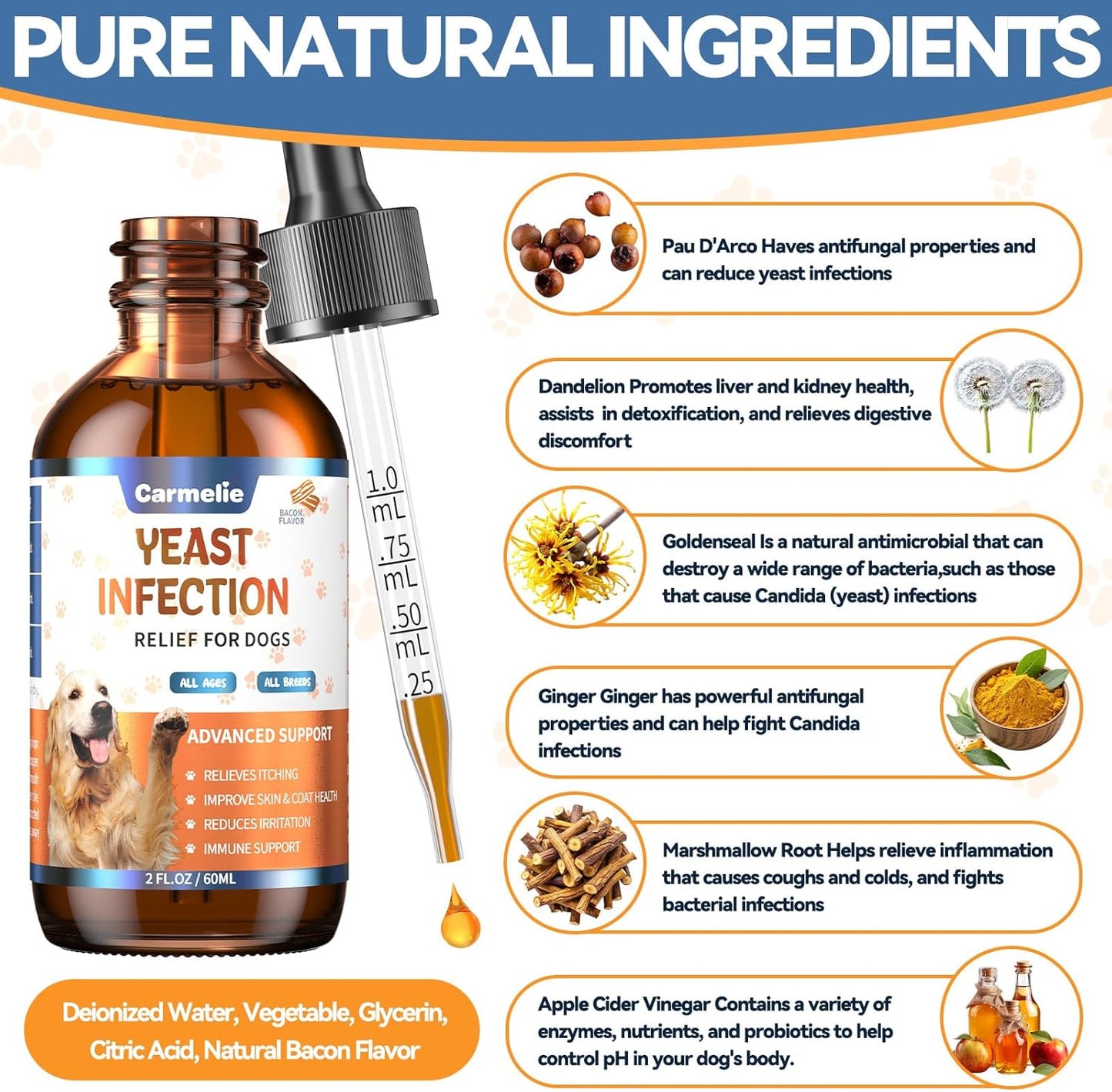Natural Yeast Relief for Dogs, Support Healthy Itch Relief, Ear Paw Discomfort Care, Itch Relief for Dog, Allergy Supports, Inflammation Relief for Dogs, 60ml Bacon Flavor