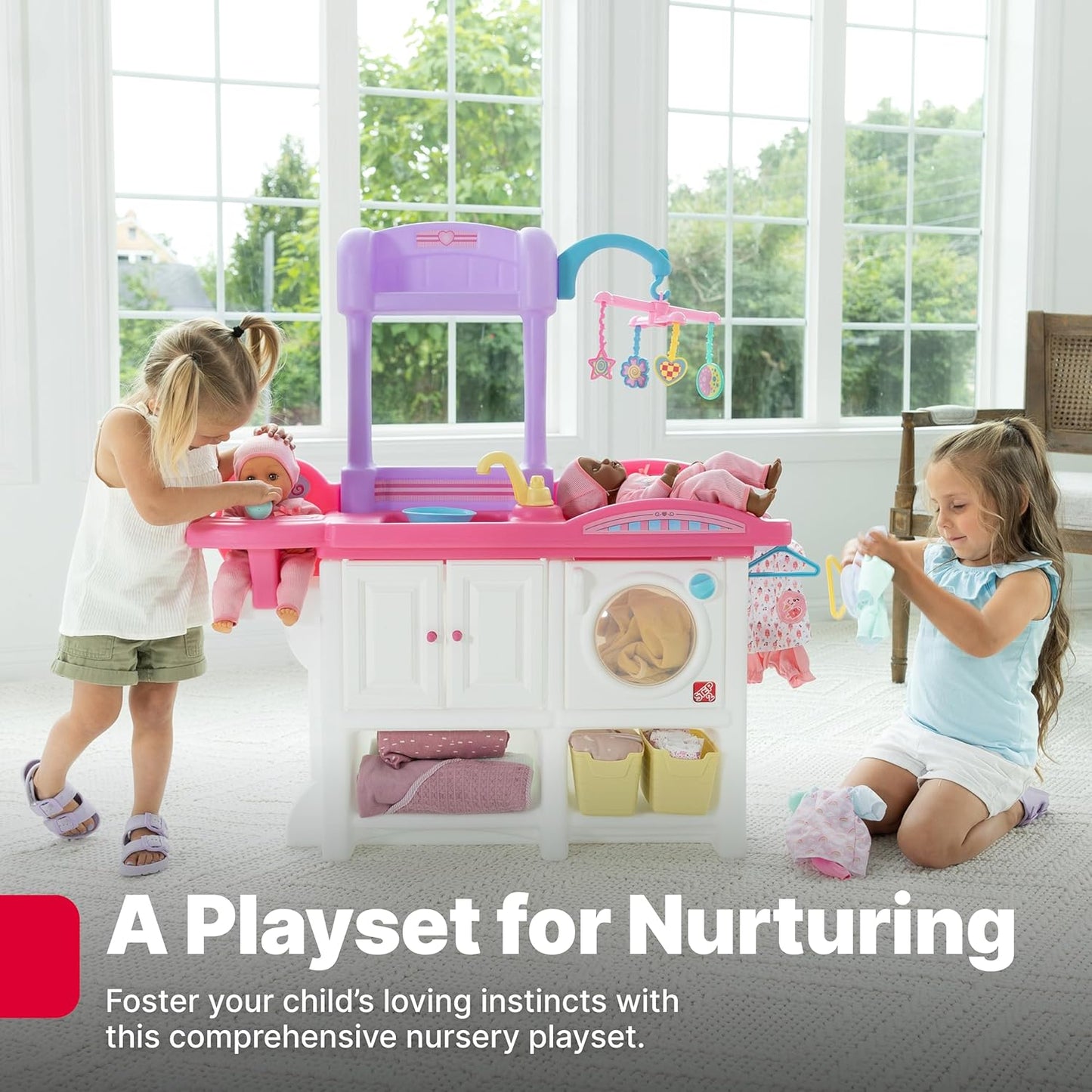Step2 Love & Care Deluxe Baby Doll Nursery Playset for Kids, Compact Changing Station & Crib, Made of Durable Plastic, Includes Toy Accessories, For Toddlers 2-6 Years Old, Pink