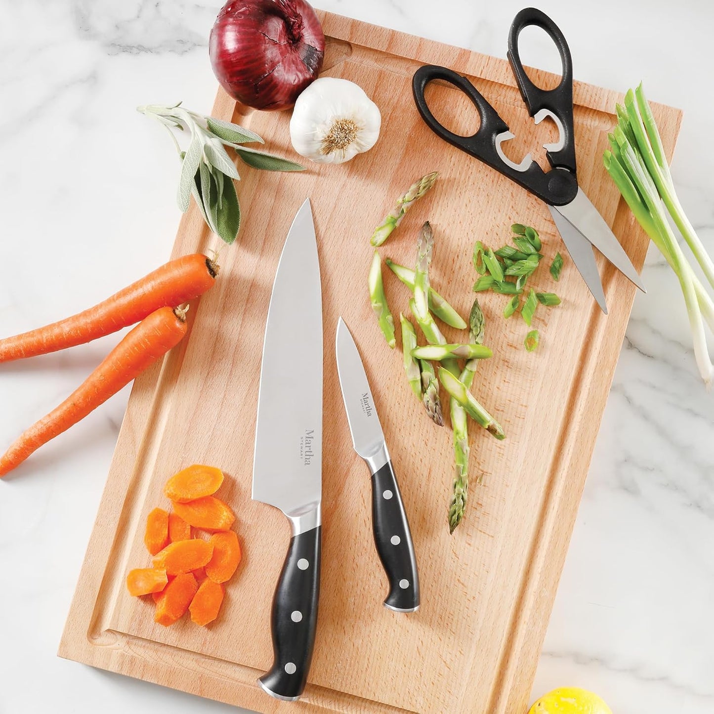 Martha Stewart Greeley 14 pc Triple- Riveted Cutlery Knife Acacia Wood Block Set w/Comfort Grip Handles- Black