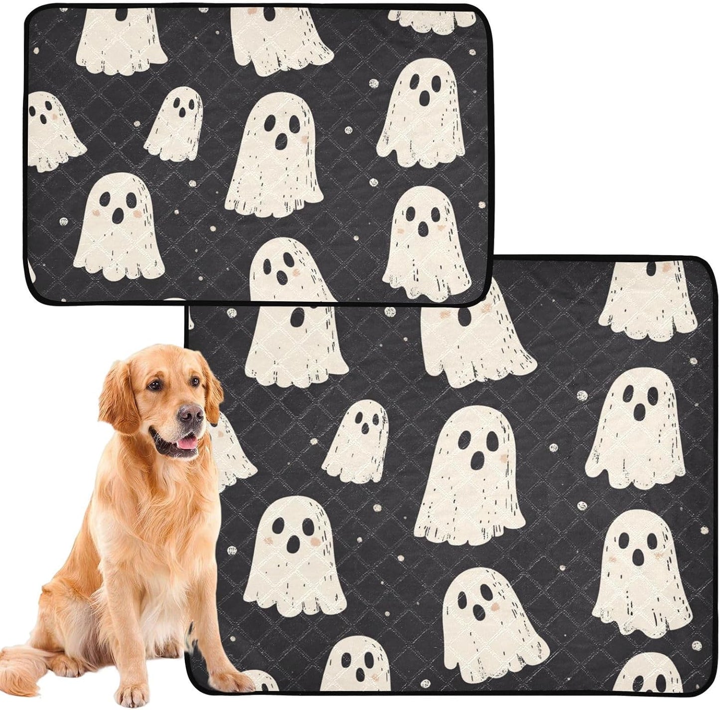 Cute Halloween Ghost Blacck Washable Pee Pads for Dogs Reusable Puppy Pad Super Absorbent Non Slip Lightweight Protect Pet Pads Couch Playpen Housebreaking 2Pack Medium and Large