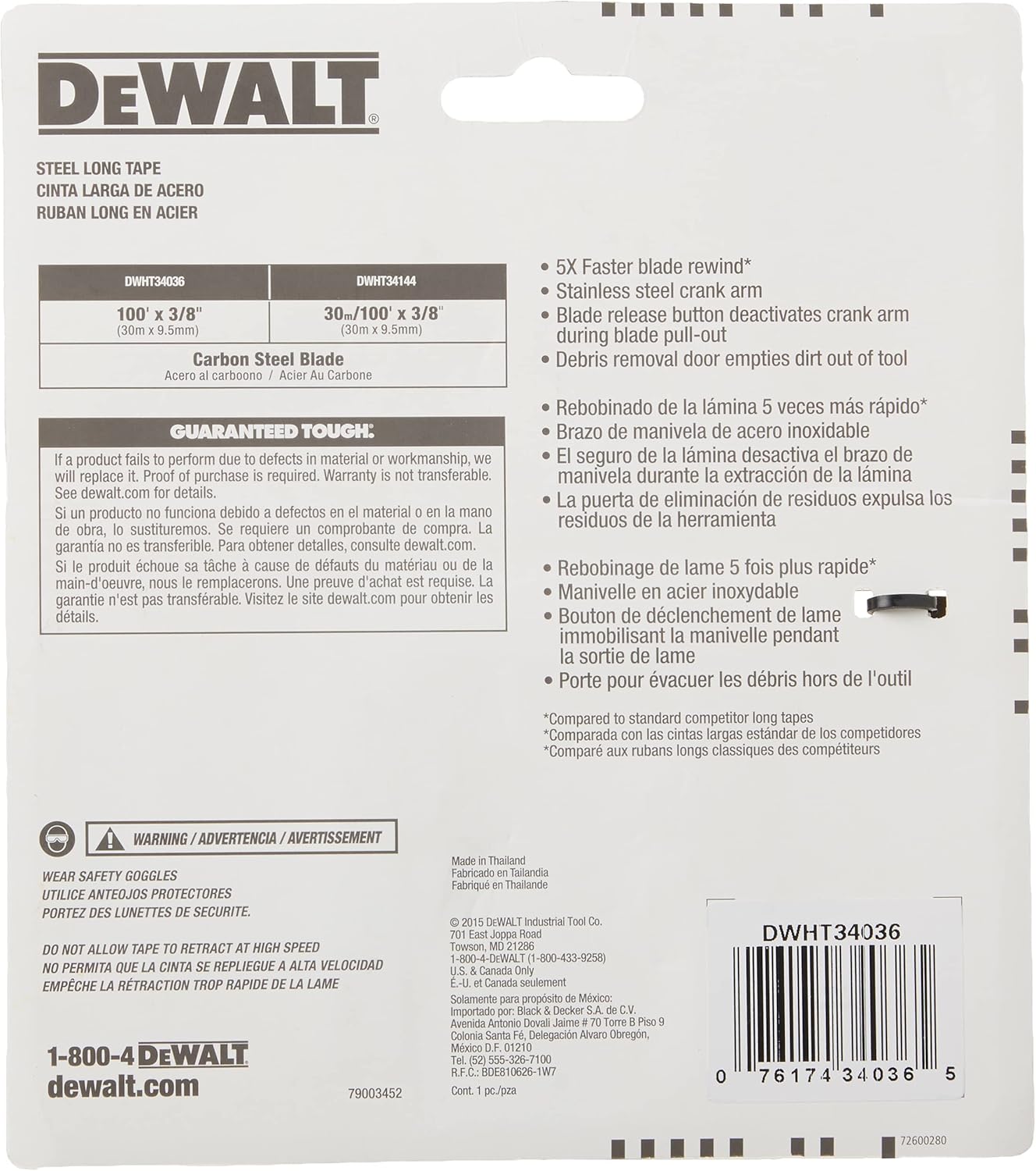 DEWALT Tape Measure, 100-Foot, Self-Lock, Solid Chrome Finish, Rubber Grip (DWHT34036L)