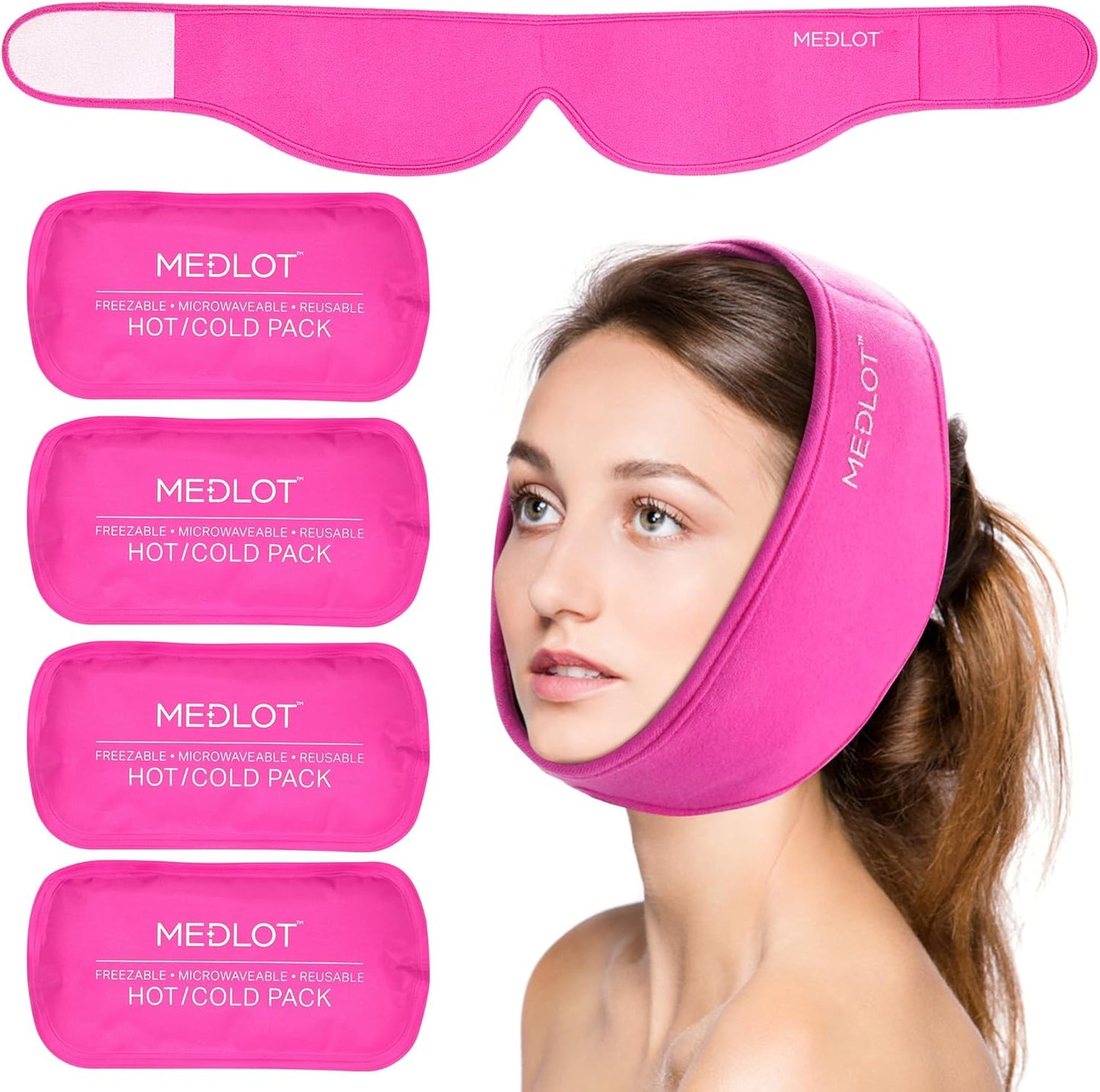 LotFancy Face Ice Pack Wrap with 4 Reusable Hot Cold Therapy Gel Packs, Pain Relief for TMJ, Wisdom Teeth, TMD, Oral and Facial Surgery, Dental Implants, Pink