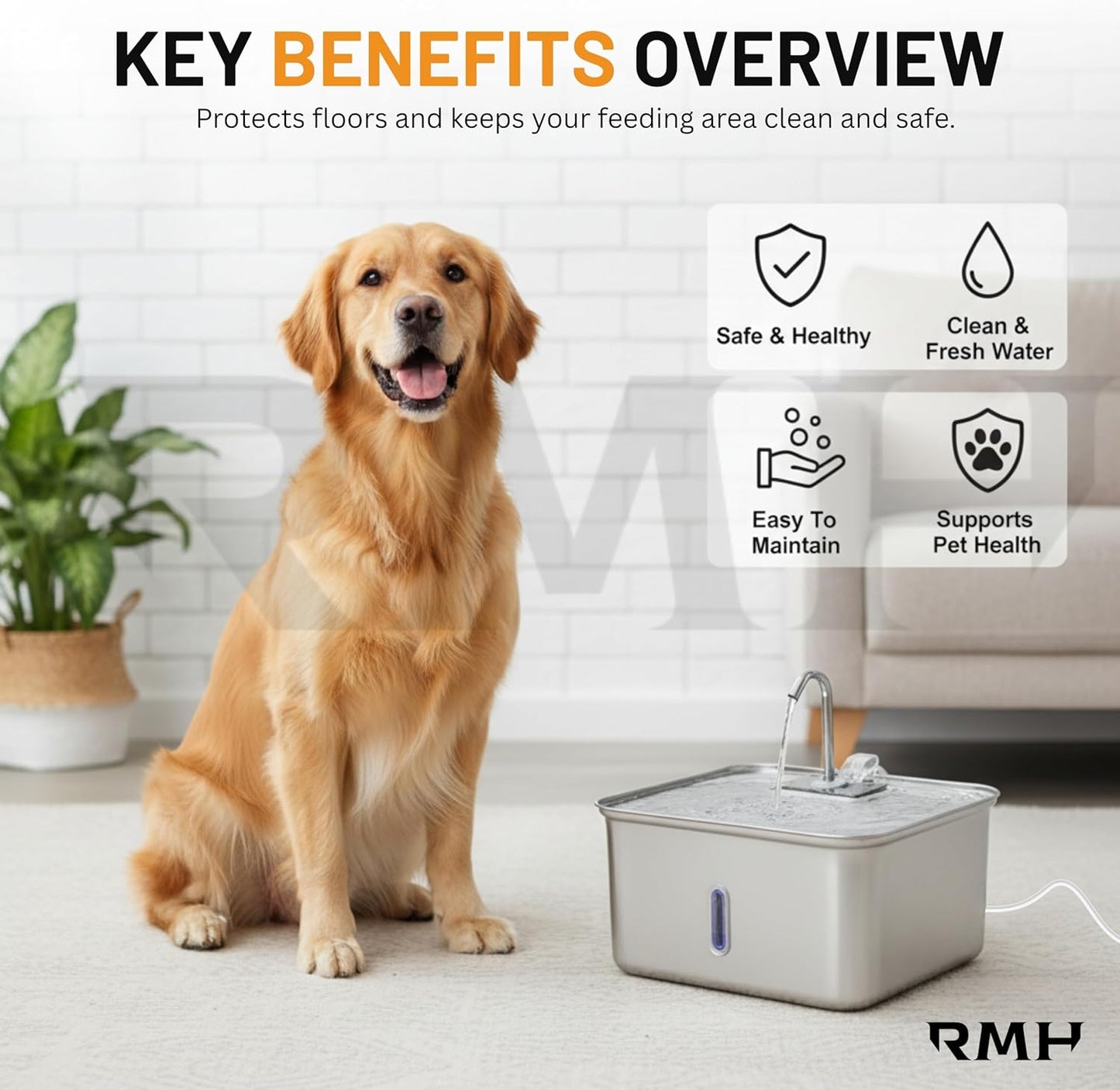 RMH 7L Stainless Steel Dog & Cat Water Fountain with Large Waterproof Mat – Automatic Pet Drinking Fountain for Large Dogs & Multi-Pet Homes, Quiet Pump, 3-Stage Filtration, LED Water Window