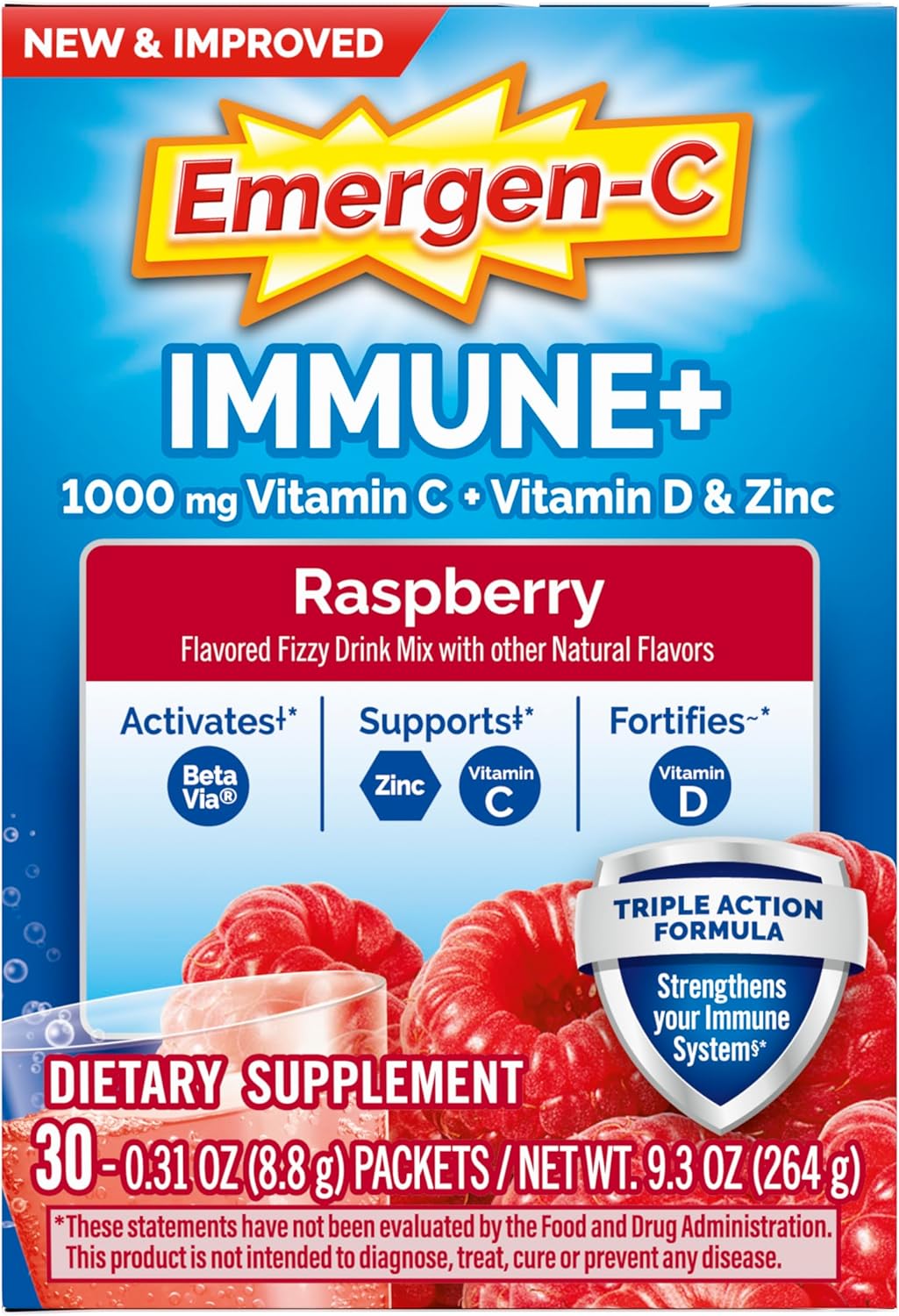 Emergen-C Immune+ Triple Action Immune Support Powder, BetaVia (R), 1000mg Vitamin C, B Vitamins, Vitamin D and Antioxidants, Raspberry – 30 Count