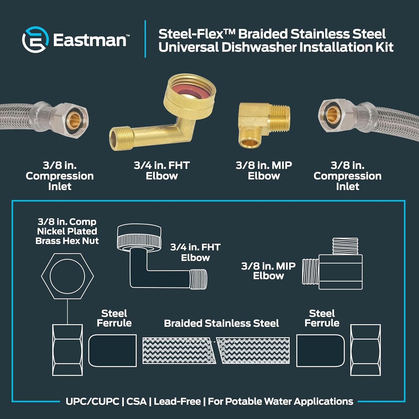 Eastman 12 Ft. Dishwasher Installation Kit, Braided Stainless Steel Supply Line with 3/8 Inch Compression Ends, 41058