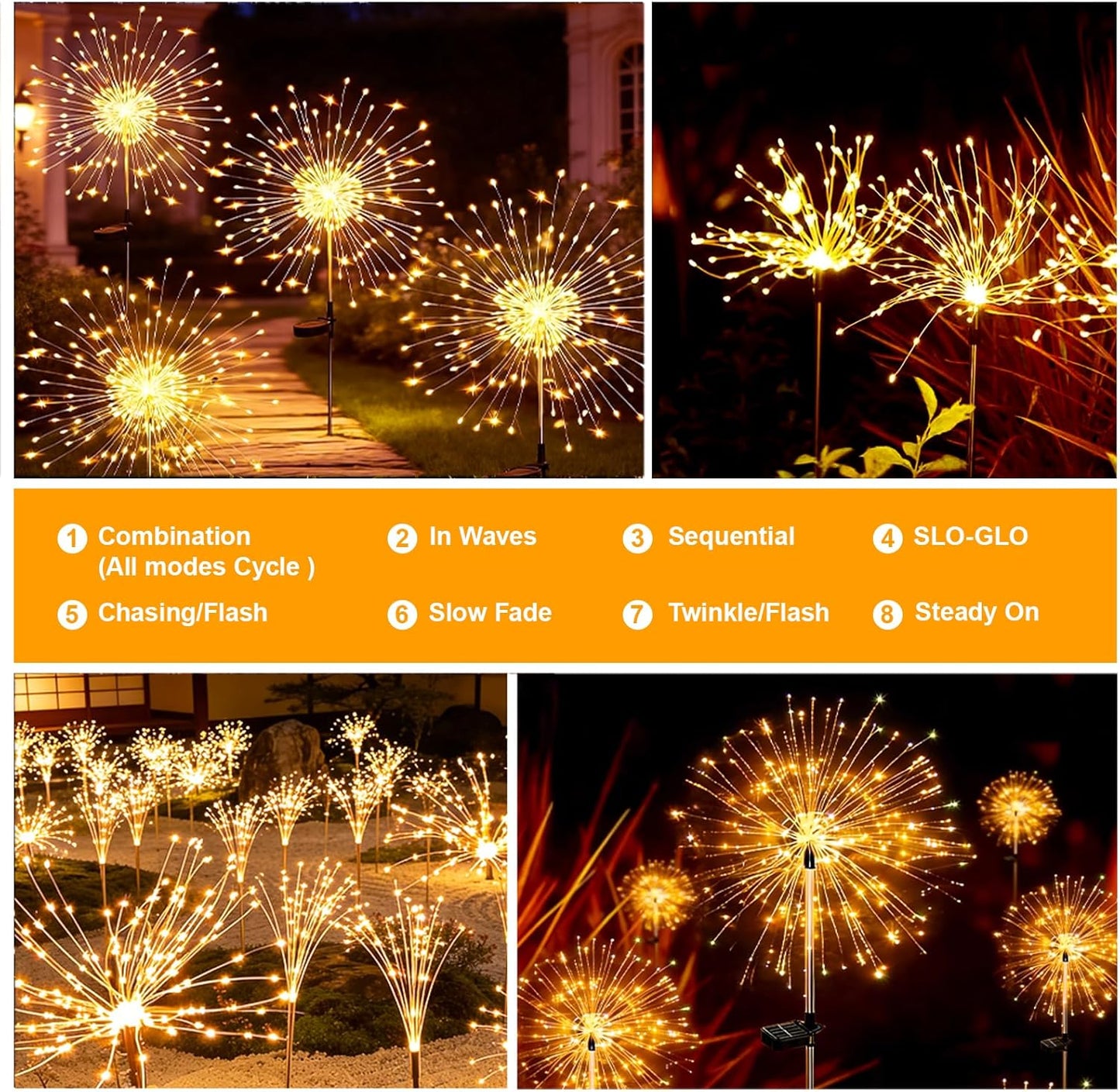 Solar Fireworks Lights for Outside, 150LED 8 Modes Fireworks Solar Lights Outdoor, Fairy Garden Flowers for Yard Pathway Wedding Party Christmas Diwali Garden Decor 2Pack (Warm White)
