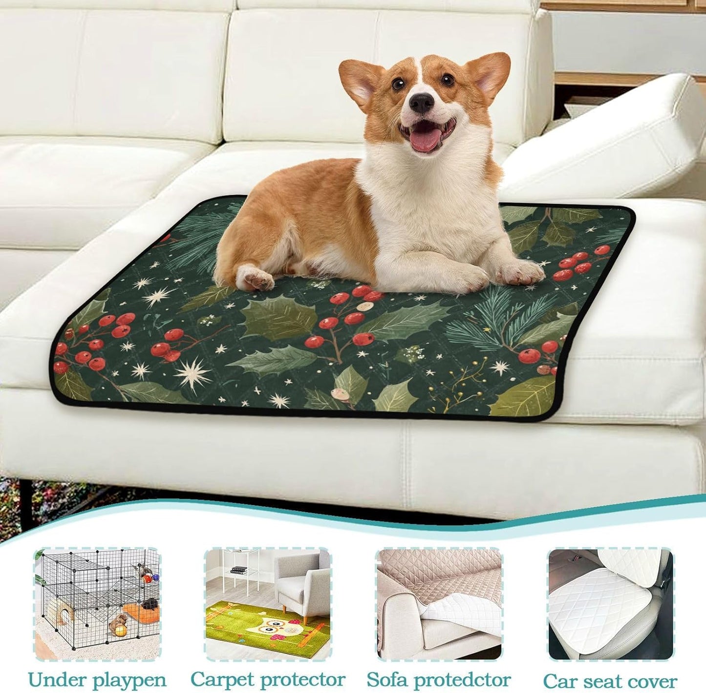 Green Christmas Holly Berries Pine Needles Leaves Washable Pee Pads for Dogs Reusable Puppy Pad 3Pack Super Absorbent Non Slip Lightweight Protect Small Pet Pads Couch Playpen Housebreaking 2