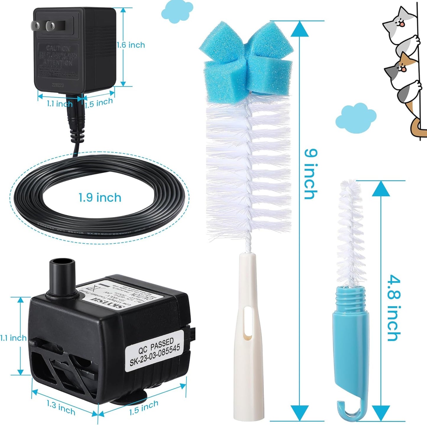 Dreyoo Pet Water Fountain Pump Compatible with PioneerPet Smartcat Fountain, 50 GPH 2W Cat Water Fountain Pump Replacement with Cleaning Brush Kit for Cat Water Dispender Pet Drinking Fountain