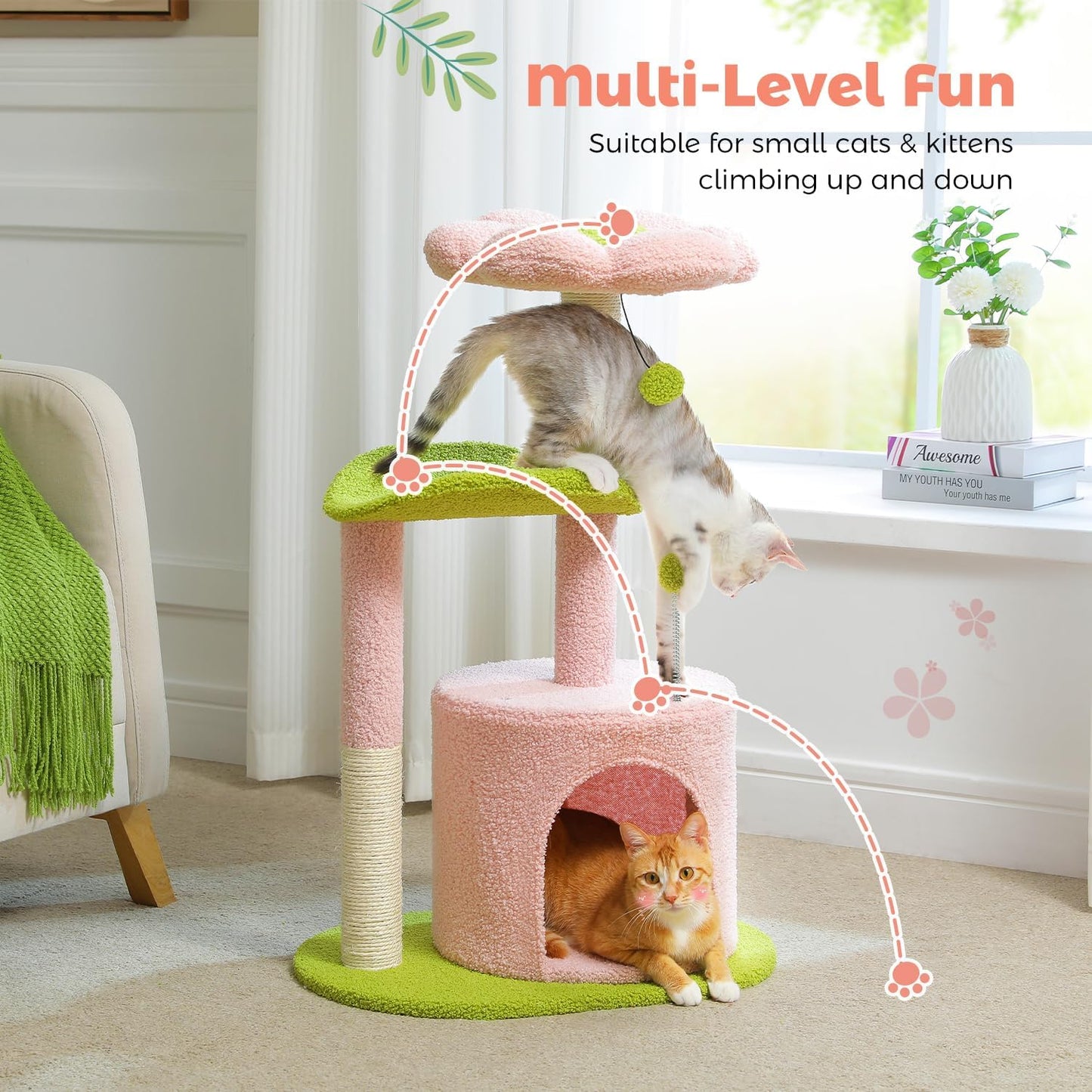 PAWZ Road Flower Cat Tree Pink 32” Small Cat Tower Cat Scratching Post with Curved Perch, Cozy Cats Condo Removable Flower Bed for Kittens and Small Cats-Pink