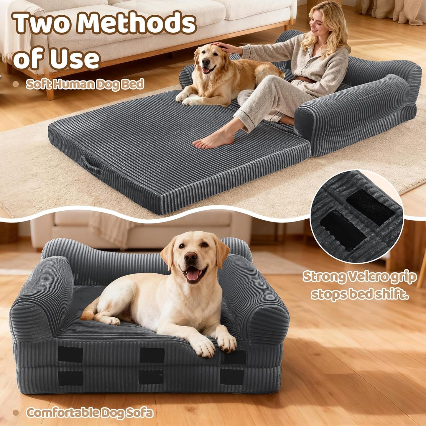 Foldable Human Dog Bed for Adult, 72"x43"x14" Giant Floor Bed for People & Pets with Orthopedic Memory Foam Sofa Bed Portable, Waterproof Machine Washable Cover, Dark Grey