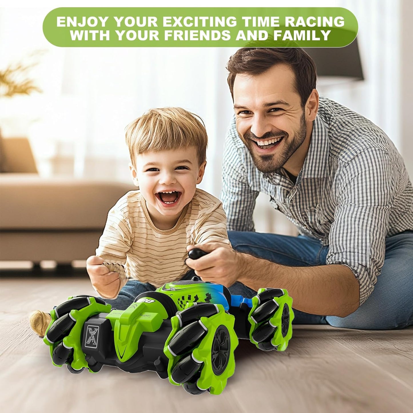 Gesture RC Car Green, 1:24 4WD Transform Off-Road Stunt Car with Gesture & Remote Control, 360° Flips Drift Vehicle with LED Lights Music, All Terrain Toy Cars Gifts for Boys Girls Age 6-12