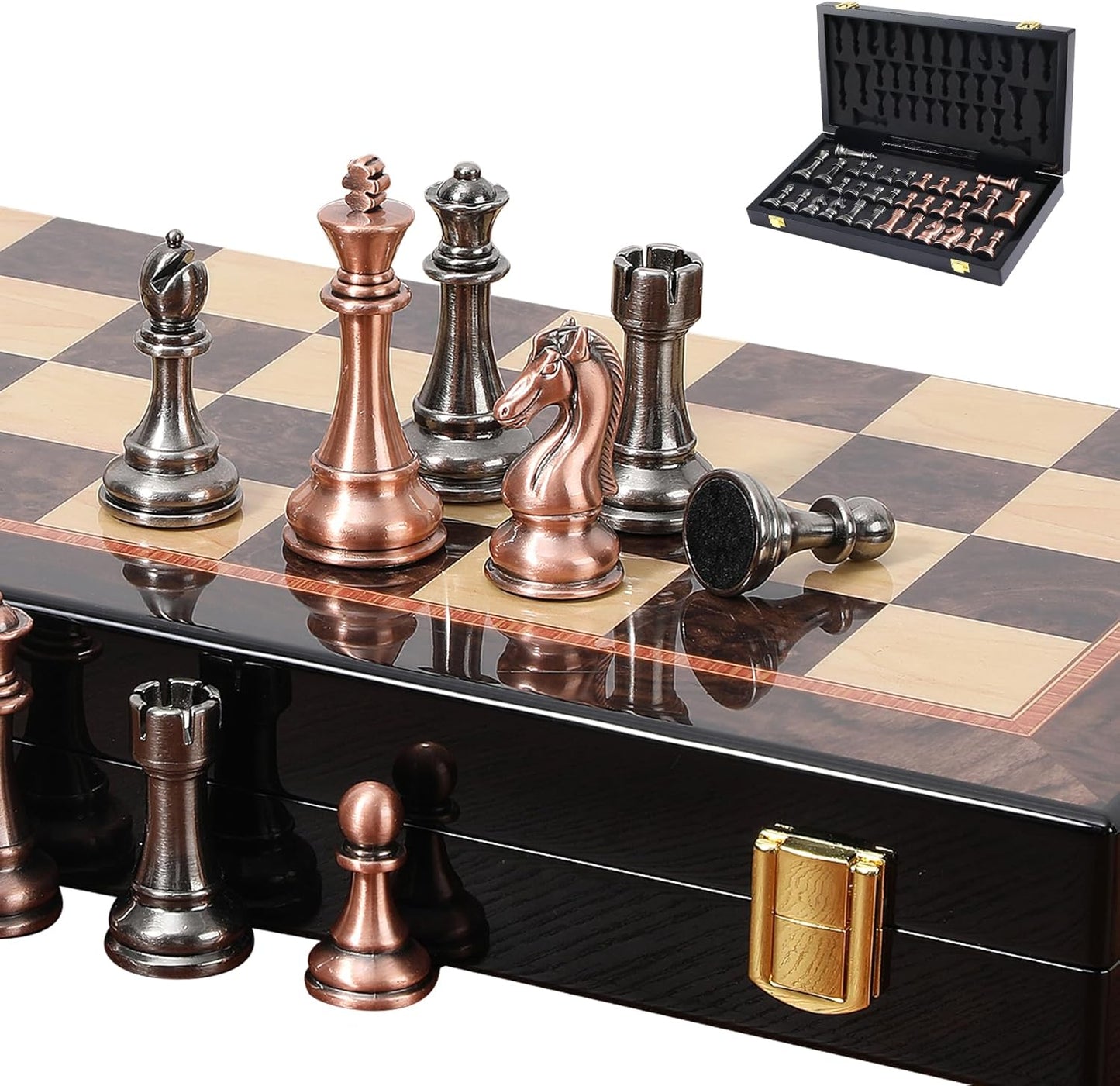 Ajedrez Luxury 15" Wooden Chess Set - Folding Board with Piano Finish | Weighted Metal Chess Pieces | Portable Travel Game for Adults & Kids | Premium Gift