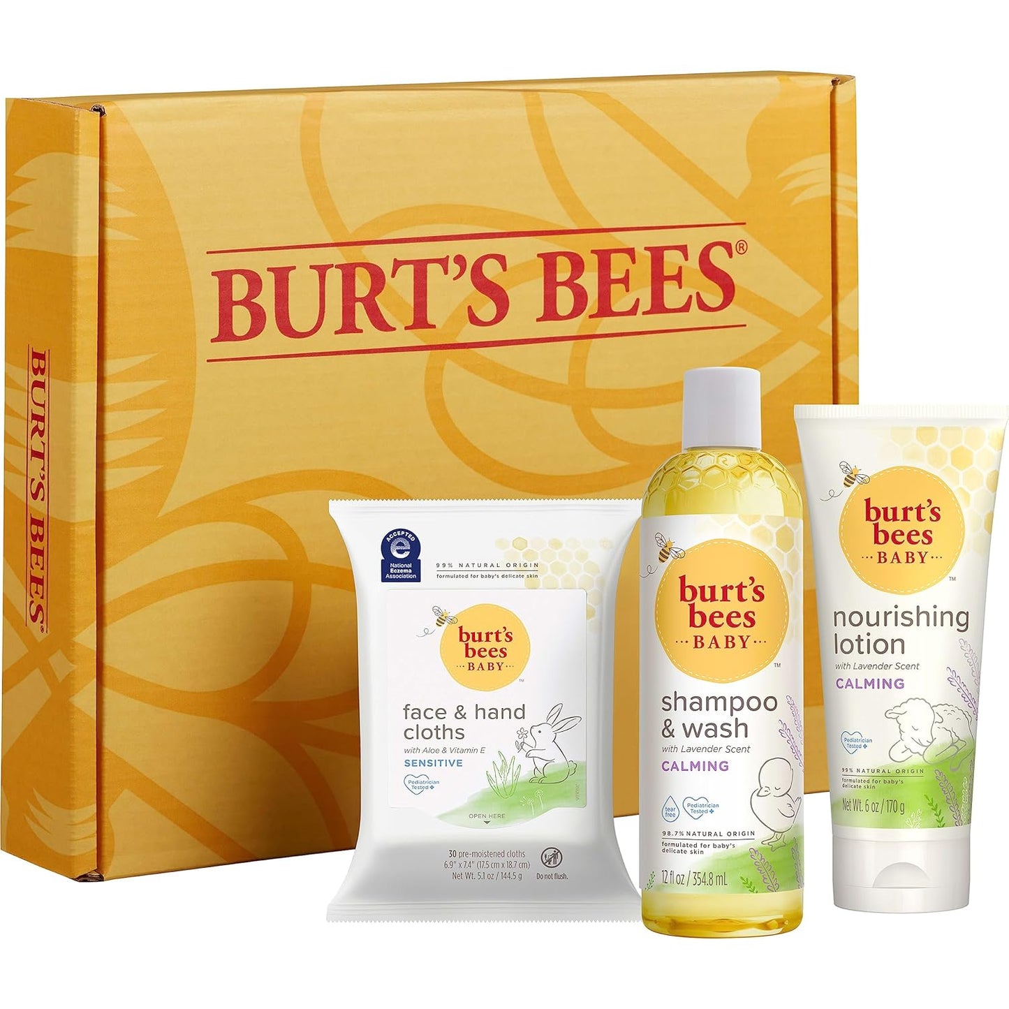 Burt's Bees Baby Gift Set for Baby Showers, Includes Baby Essentials, Shampoo and Wash with Lavender, Body Lotion, Wipes and Cloths, Naturally-Derived Origin Skincare, 3 Count