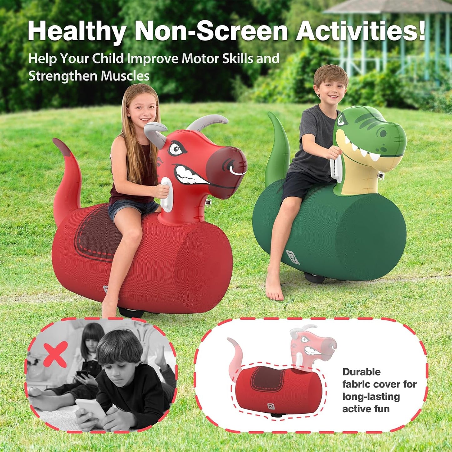 POVYRE Kids Boys Outdoor Toys, 2 PCS Giant Inflatable Dinosaur Bull Toys Bouncy Hopper with Pump, Ride-on Jumping Animal for Indoor Outdoor Play, 220 lbs Capacity, Gift for Ages 5+