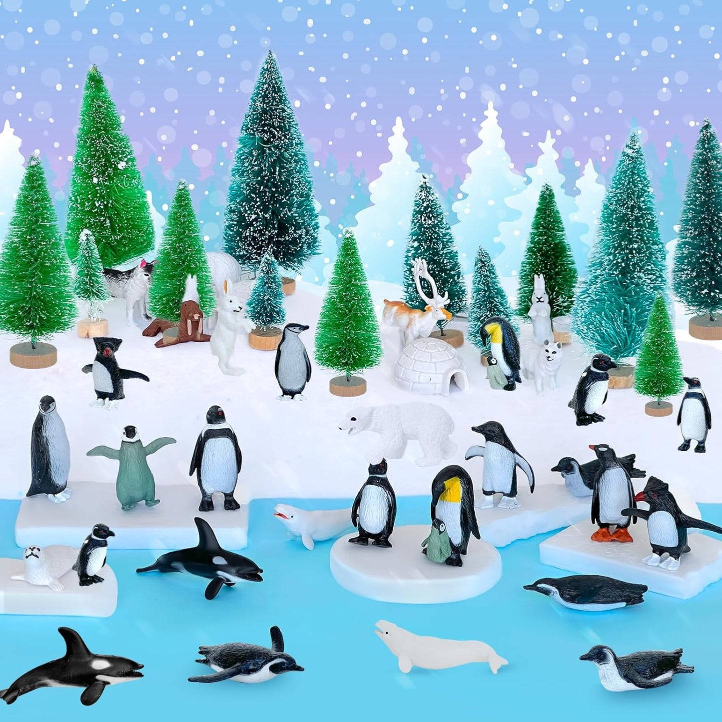 41 Pcs Arctic Animals Figurines Set Diorama Kit Includes 21 Polar Animals Figurines 16 Mini Pine Trees 1 Fake Snow Blanket 2 Foam Boards 1 Blue Tissue Paper Artic Diorama Supplies School Winter Decor