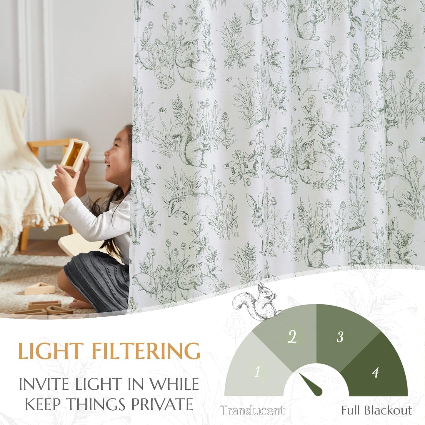jinchan Easter Decor Linen Nursery Curtains 84 inch Long Woodland Wildlife Sage Green Print Drapes for Kid's Room Light Filtering French Country Farmhouse Curtains with Bunny Design Set of 2 Panels