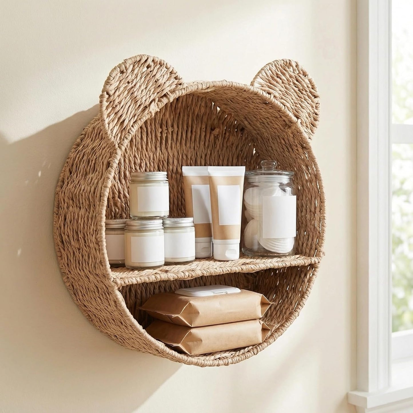 Bear Nursery Decor Wall Shelf, Handwoven Wicker Nursery Shelves for Wall, Wall Mounted Nursery Bookshelf for Small Books, Toys & Decor