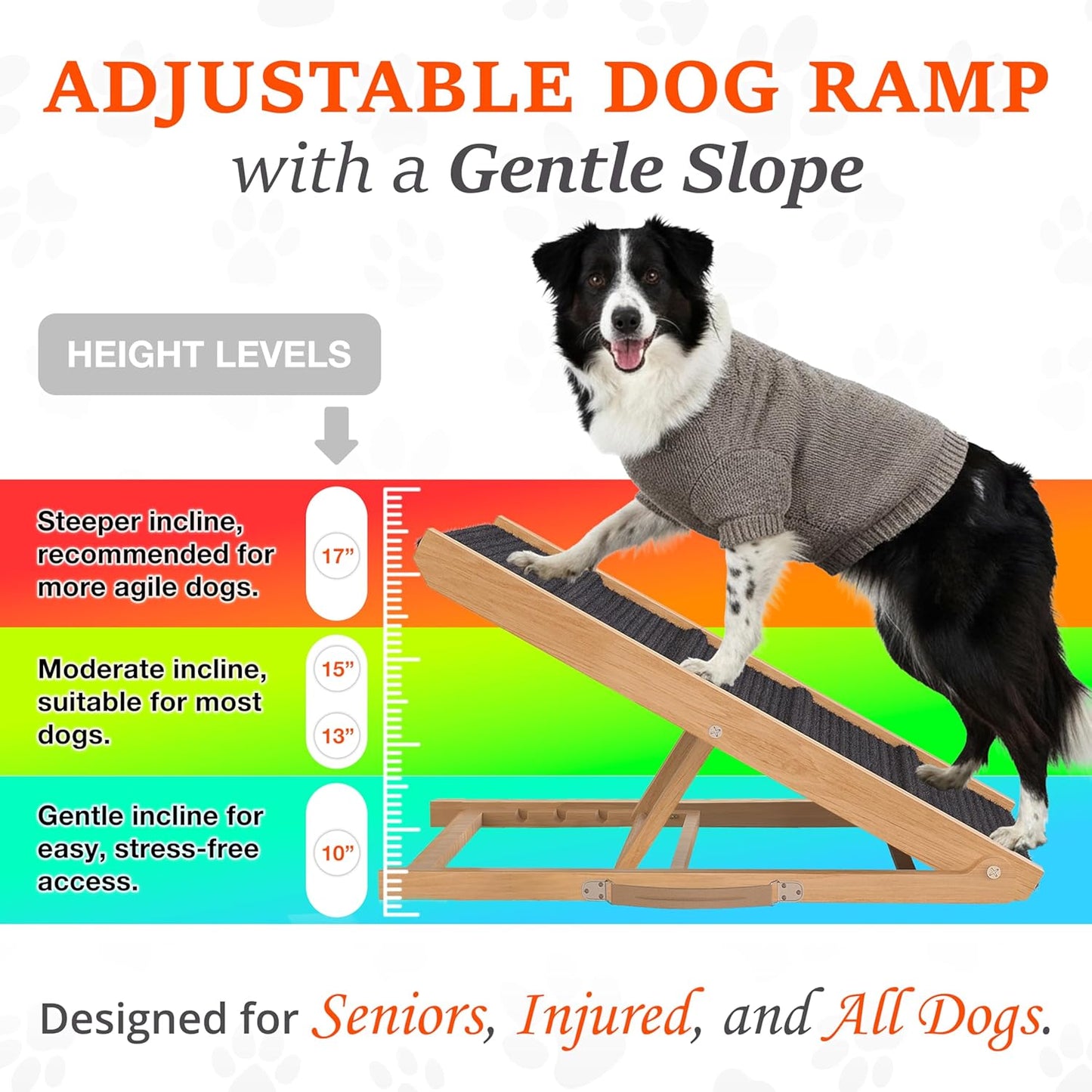 Adjustable Dog Ramp for Bed - 34" Long Foldable Wooden Ramp for Dogs to Get on Bed, Couch, or Car with 12.6" Wide Walking Space (Natural Wood with Gray Carpet, Small)