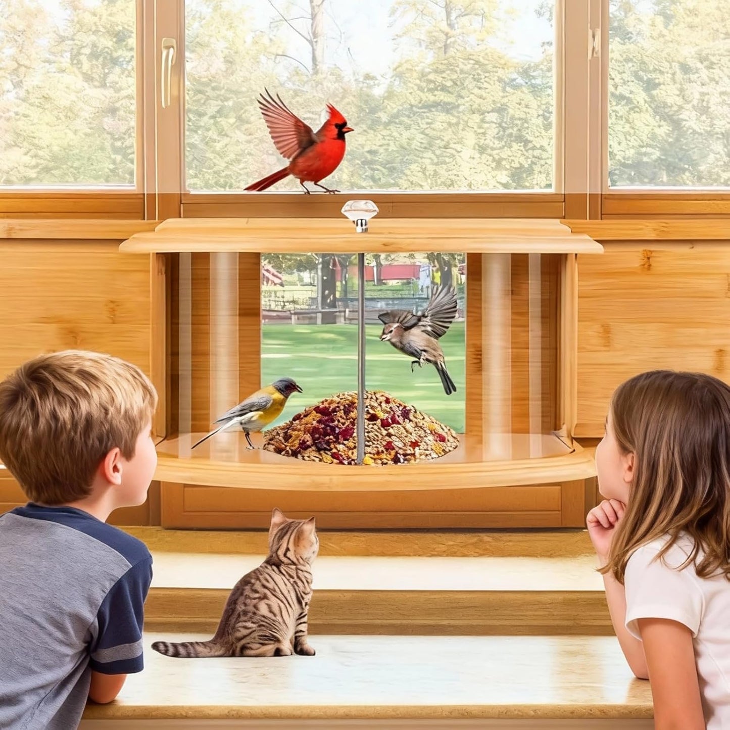 Window Bird Feeder Birdwatching Indoors,180° Ultimate Clear View Wild Bird Feeder Brings Nature's Beauty to Your Home/Office Hanging Bird Feeder House Bamboo Nature