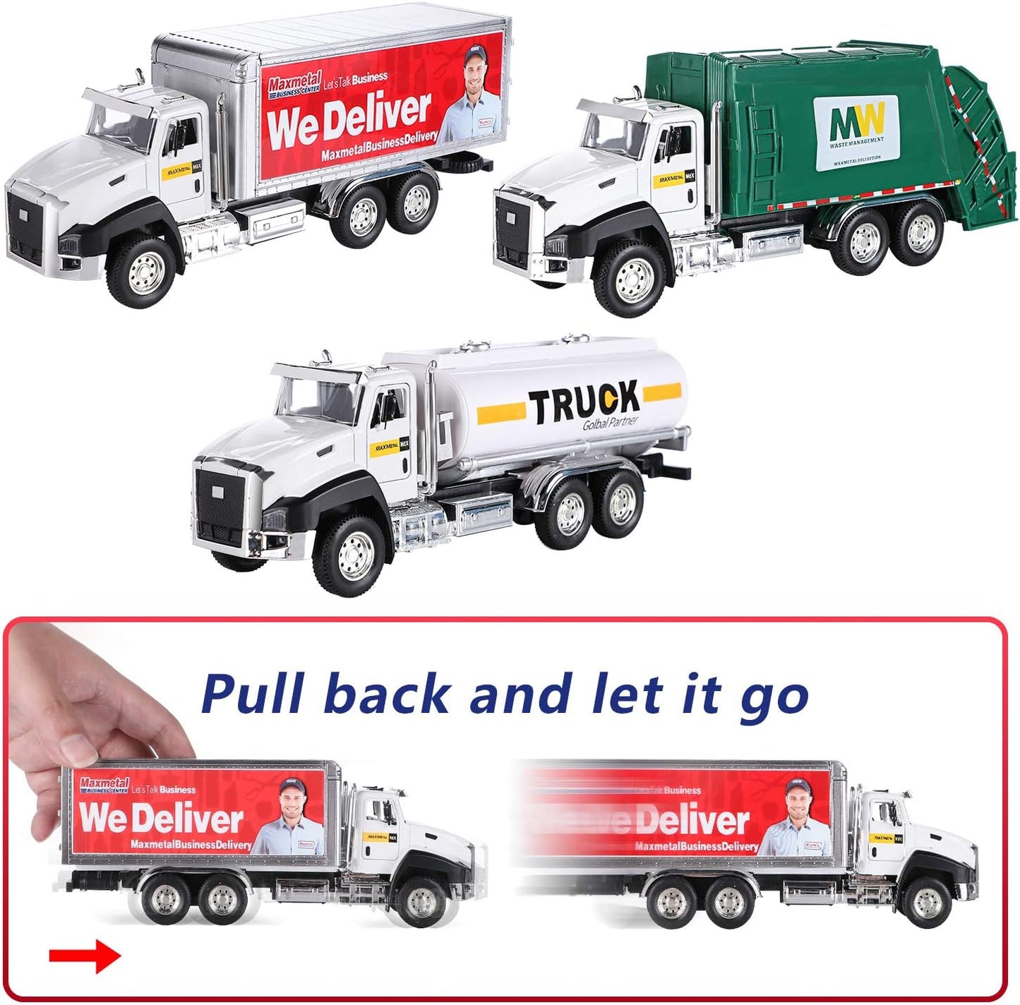 G.C 3 Pack Diecast Transport Vehicles Set - Garbage Truck, Tanker, Delivery Truck 1:50 Scale Pull Back Metal Model Car Toys for Boys