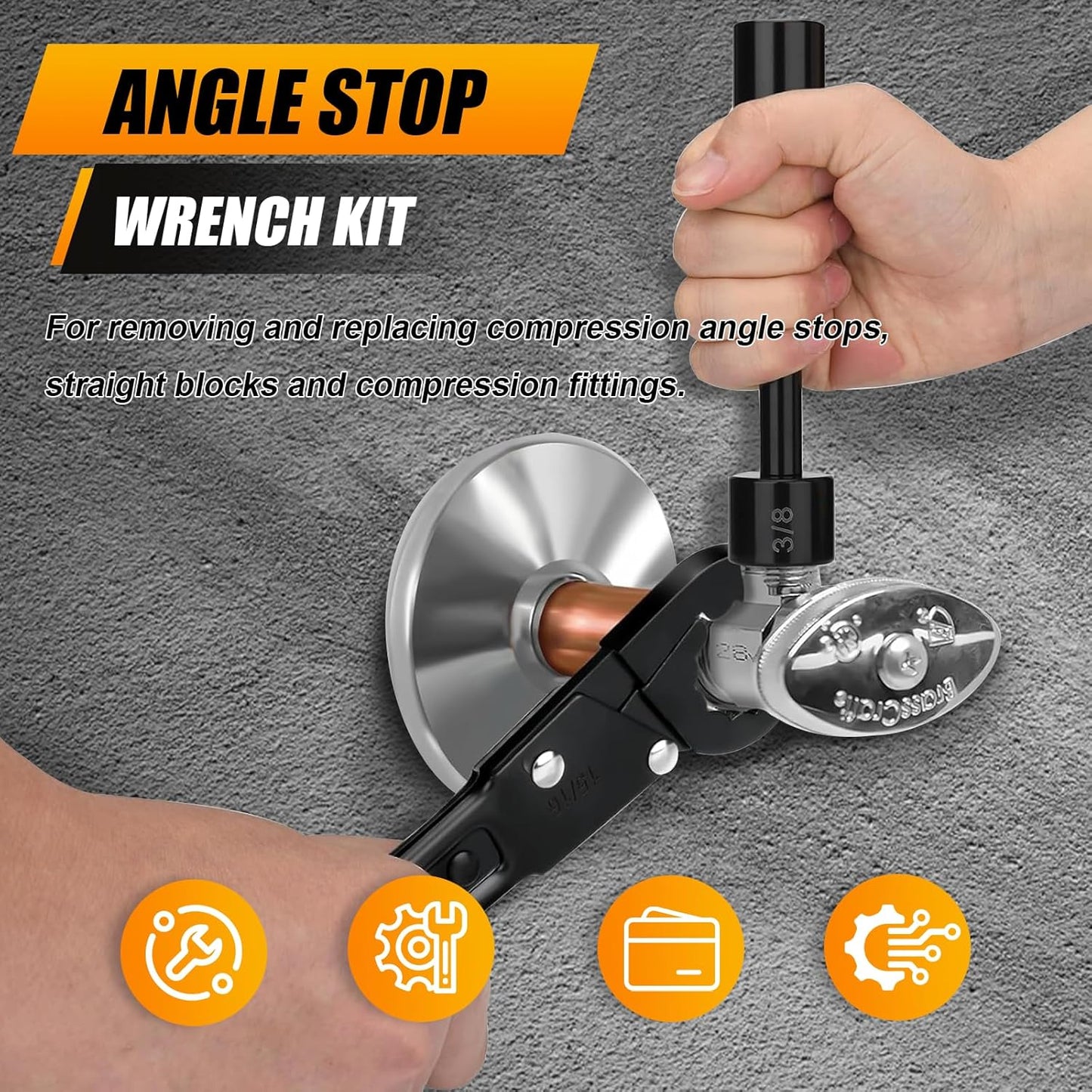 Angle Stop Wrench Kit – Adjustable Plumbing Wrench with 5/8"–15/16" Jaw Capacity, Double-Ended 3/8" & 1/2" Compression Sleeve Removal Tool for Installing & Removing Angle Stop Valves Black