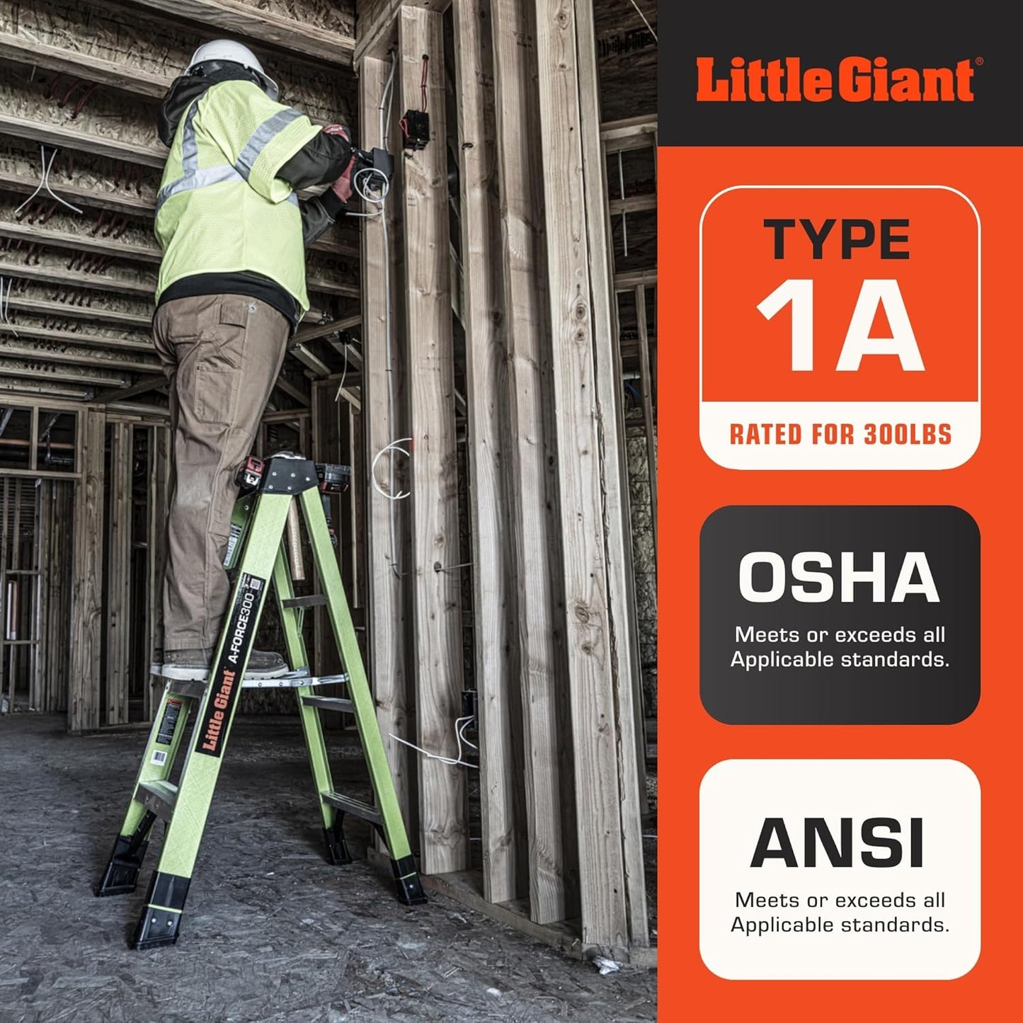 Little Giant A-Force300 4 Ft Ladder with 5in Spreader Step, Lightweight Non-Conductive Fiberglass Step Ladder with Slip-Resistant Feet, 300 Lbs. Capacity Type IA Extra Heavy Duty A-Frame Stepladder
