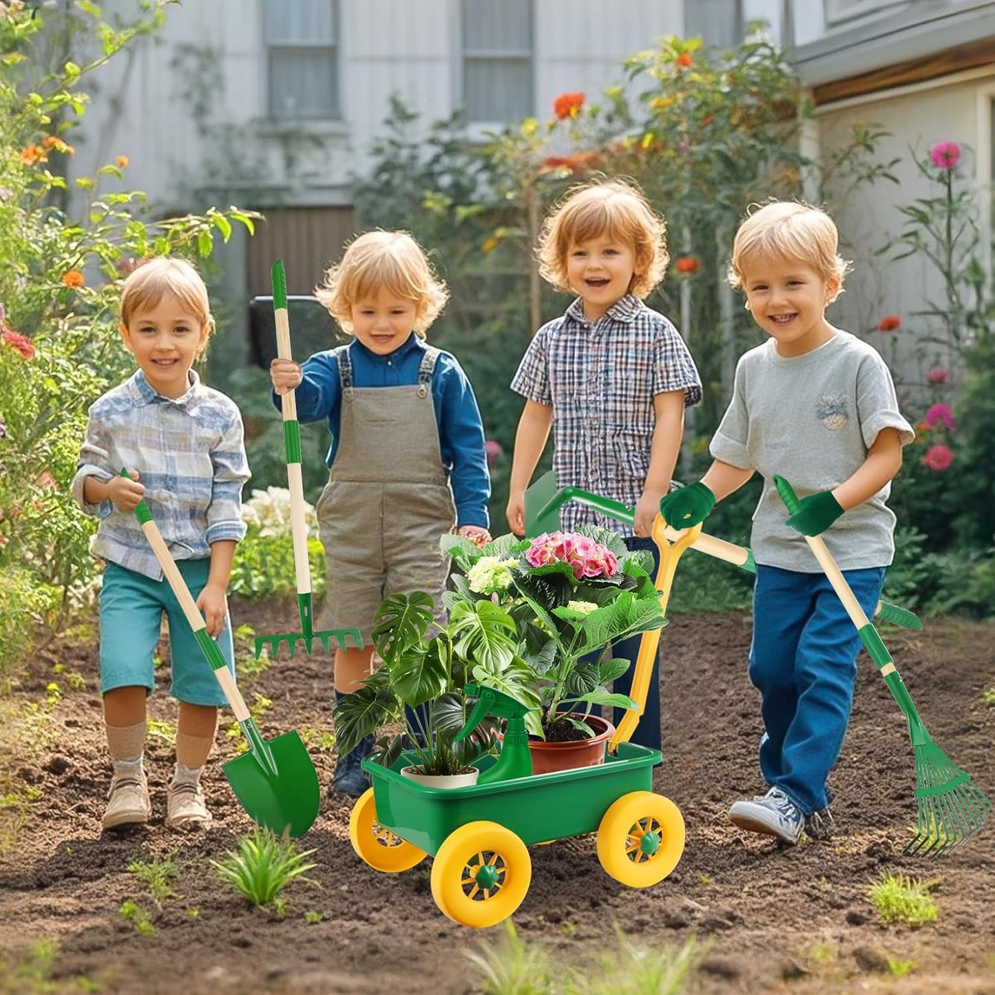 Duckura Kids Gardening Tools Set - 7pcs Wheelbarrow Set Outdoor Toy for Kids with Shovel, Rake, Leaf Rake, Yard Digging Weed Toys, Easter Birthday Gifts for Boys Girls Age 2 3+Years Old(Yellow)