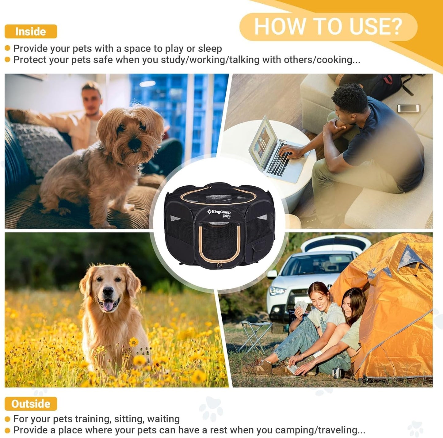 KingCamp Dog Playpen, Portable Foldable Cat Kitten Puppy Tent Crates 29"/36"/50" Pop Up Pet Playpen with Zippered Bottom & Cover for Indoor Outdoor Use (X-Large, Black)
