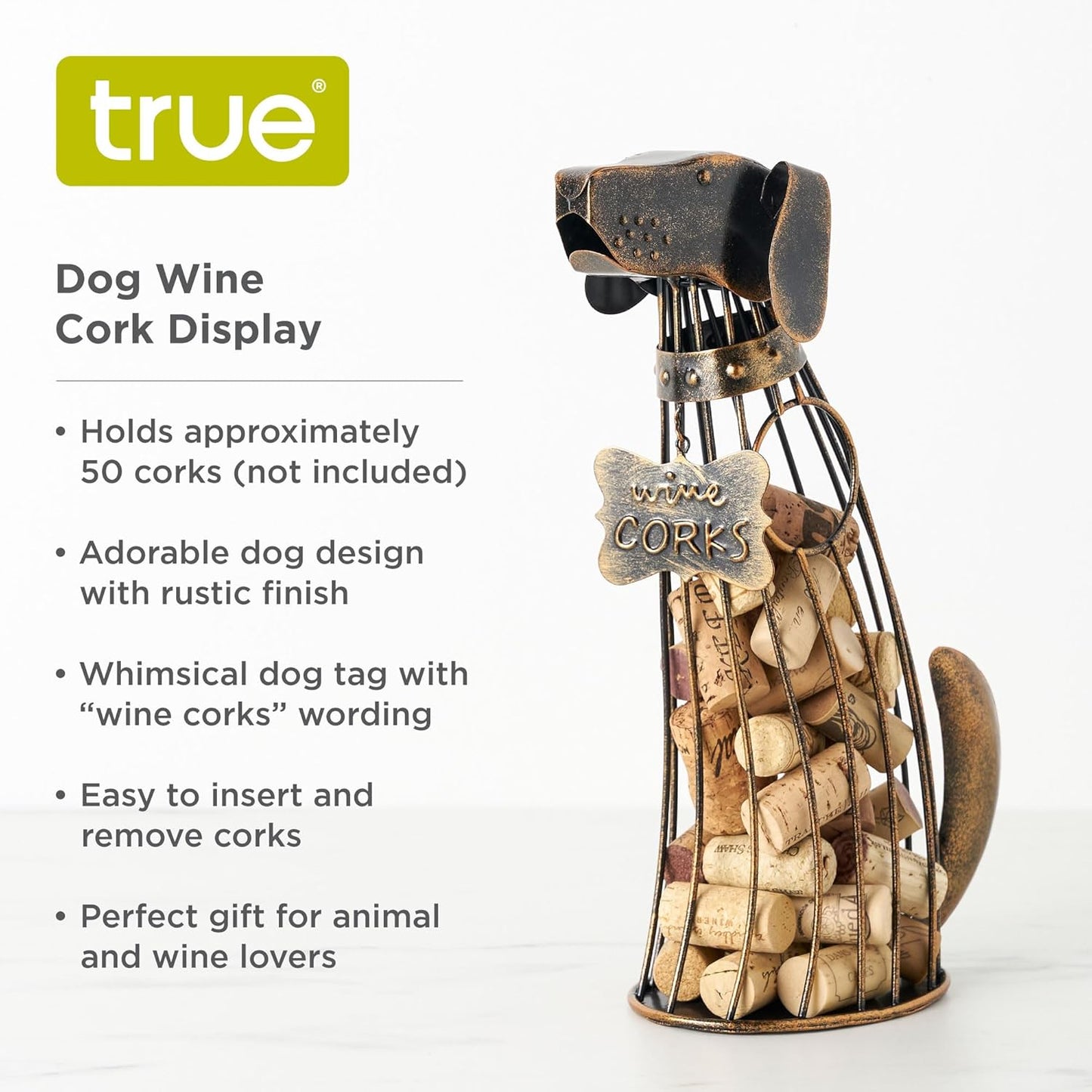 True Dog Wine Cork Holder Decorative in Metal with Bronze Finish, Corks Display Holders, Home Bar Accessories, Kitchen and Dining Room Decor, Set of 1