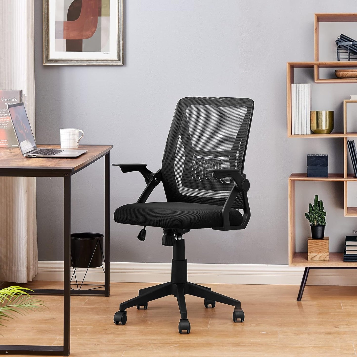 VECELO Mid-Back Swivel Ergonomic Office Chair with Adjustable Arms, Mesh Lumbar Support for Computer Task Work, Black