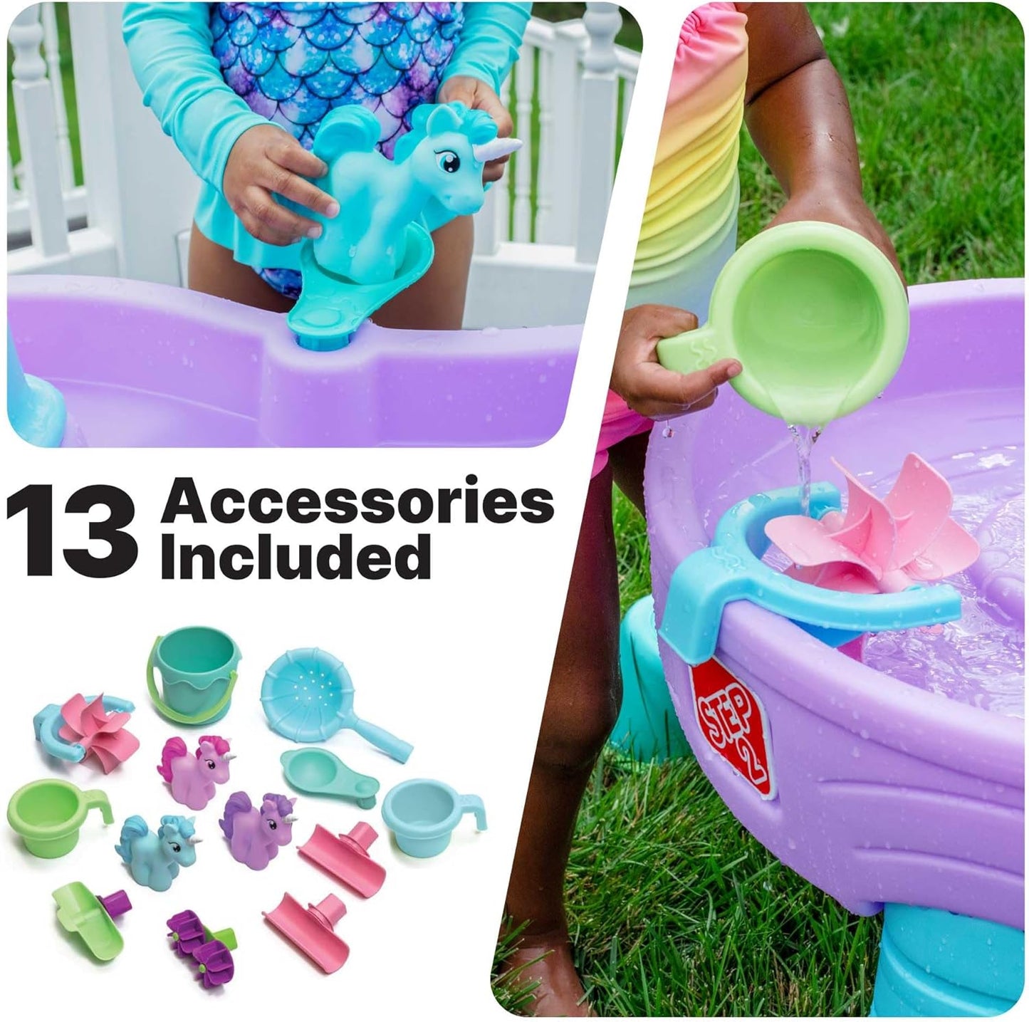 Step2 Rain Showers and Unicorns Water Table, Kids Water and Sand Activity Sensory Playset, Summer Outdoor Toys, 13 Piece Water Toy Accessories, for Toddlers 1.5+ Years Old, Blue & Purple