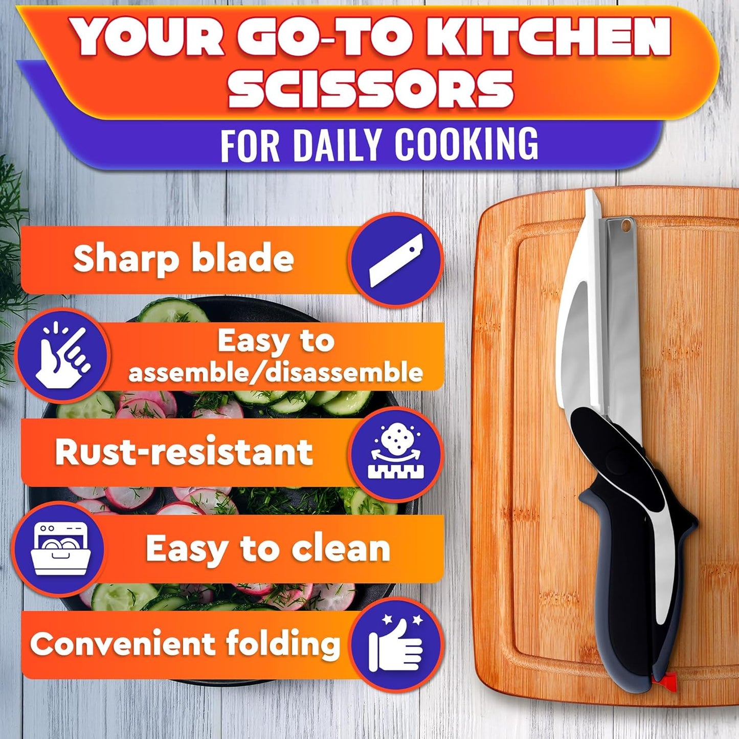 2 in 1 Kitchen Scissors for Food – Stainless Steel Blade & Plastic Cutting Board Scissors with Safety Lock | 9.5" Tomato Knife, Fruit & Vegetable Cutter – Easy-to-Use Kitchen Shears for Meat, Cheese