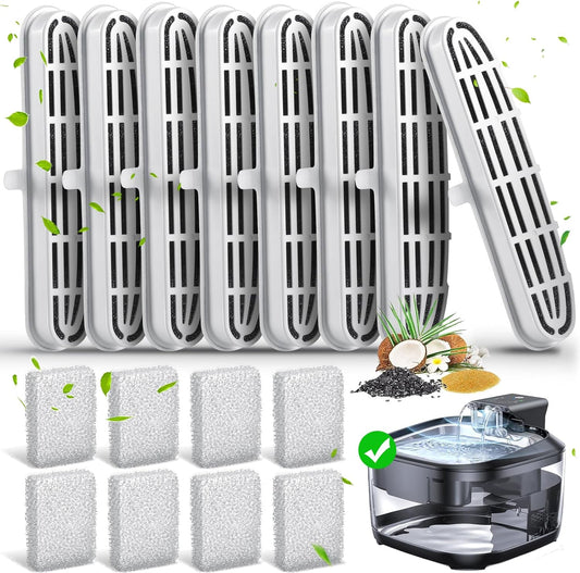 16 Pack Cat Water Fountain Filters-Cat Fountain Replacement Filters for Stainless Steel 108/3.2L Adjustable Water Flow Pet Water Fountain(8 Filters&8 Sponges)