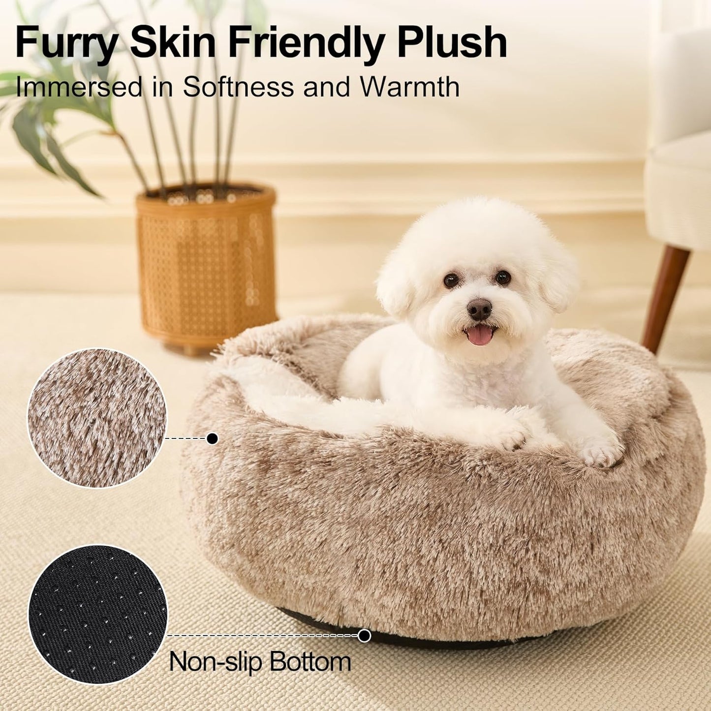 Calming Dog Beds & Cat Cave Bed with Hooded Cover,Removable Washable Round Beds for Small Medium Pets,Anti-Slip Faux Fur Fluffy Coved Bed for Improved Sleep,Fits up to 15/25 lbs(Medium,24"x24")
