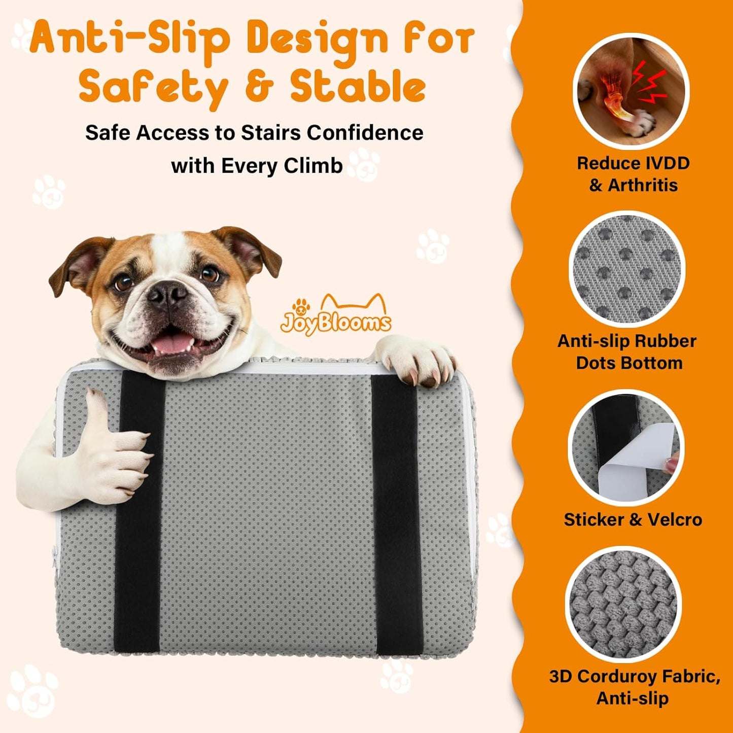 JoyBlooms Dog Ramp for Stairs for Small & Senior Dogs Cats, 40D Density Foam Gentle Slope Non-Slip Dog Stair Ramp with Glow Strip, Pet Ramp with Removable Washable Cover Gray-6pcs