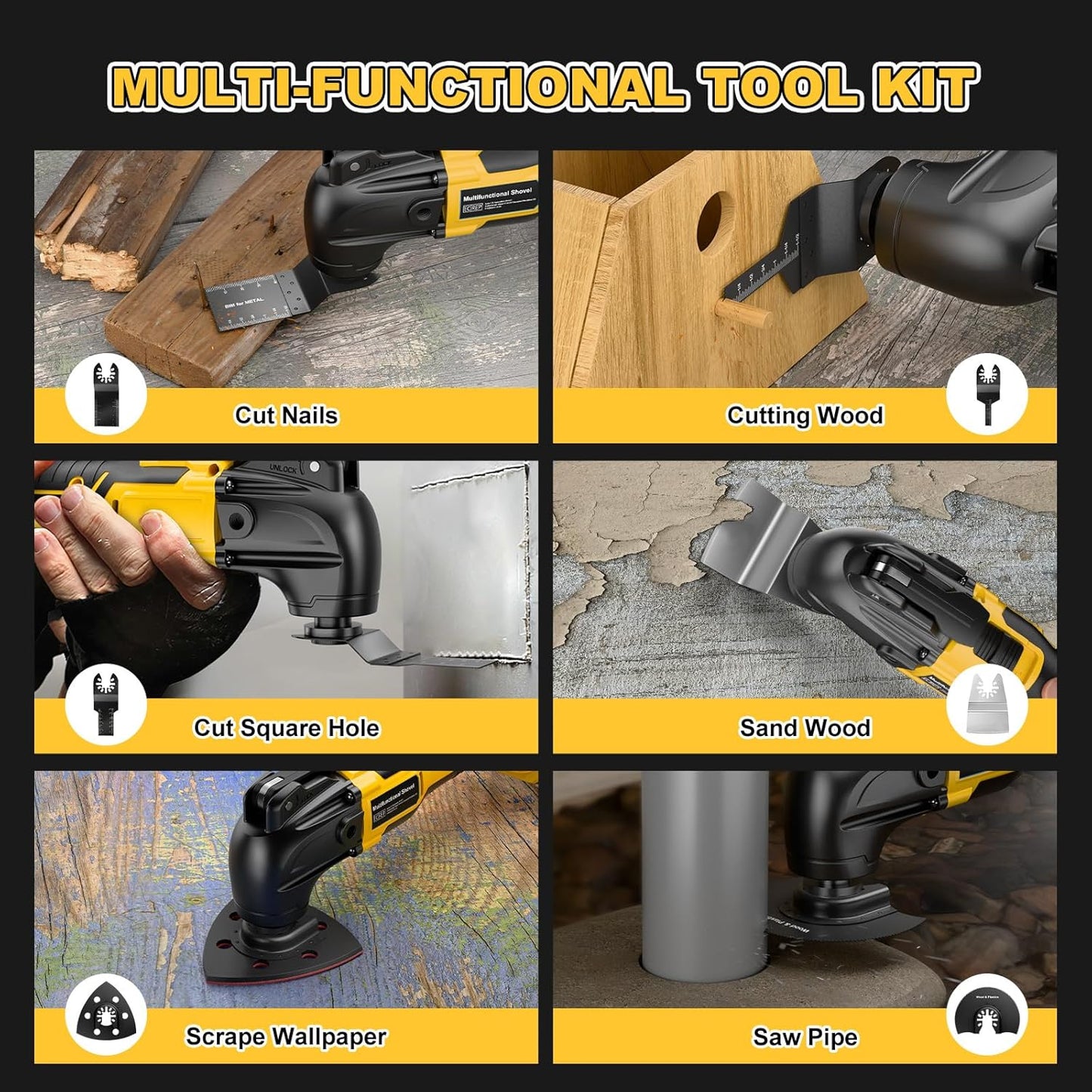 Cordless Oscillating Tool for Dewalt 20V Battery,6 Variable Speed Brushless-Motor Tool,22Pcs Oscillating Multi Tool Kit for Cutting Wood Drywall Nails Remove Grout & Sanding(Tools Only)