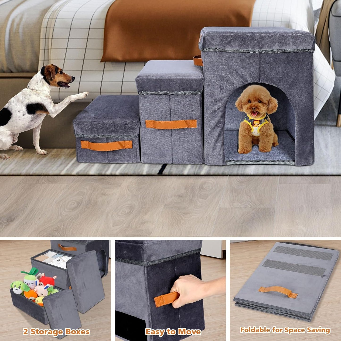 Topmart Foldable Dog Stairs for Bed, 3-Step Pet Stairs with 2 Storage Boxes & Condo for Small, Short-Legged Dogs