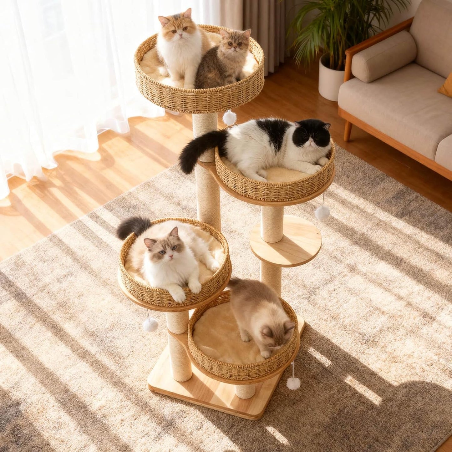 Modern Cat Tree for Indoor Cats Large Adult, 54''Tall Cat Tower with Scratching Post, Wood Cat Tree for Large Cats with Multi-Levels, 4 Weaving Washable Handwoven Rattan Cat Condo