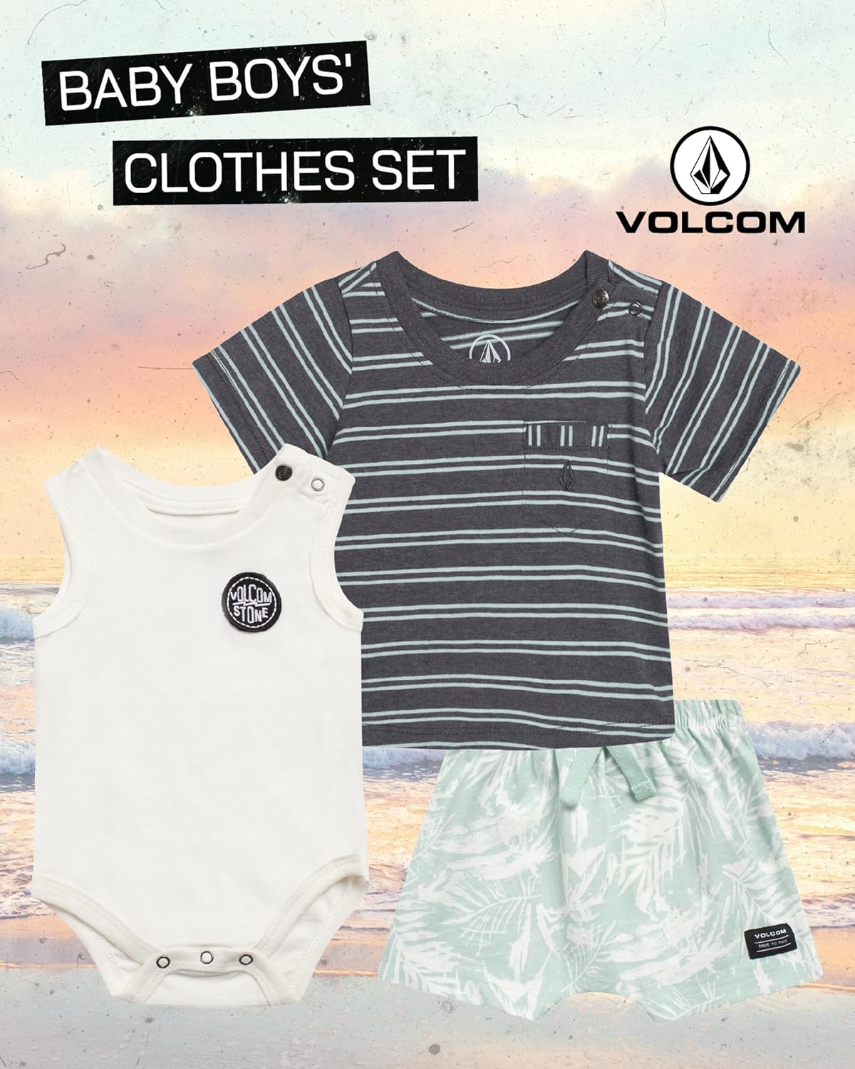 Volcom Baby Boys' Clothes Set - 3 Piece Onesie, T-Shirt, and Shorts Cute Outfits for Newborn (Sizes: 0-24 Months)