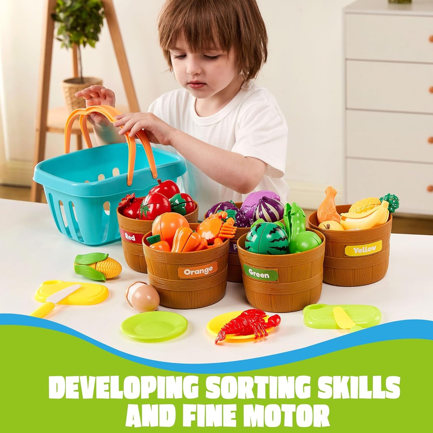 JOYIN Learning Toys Play Food Set for Toddlers, Cutting Food for Preschool Activities, Play Kitchen Accessories, Educational Toys, Color Sorting Set for Boys & Girls, Easter Basket Stuffers
