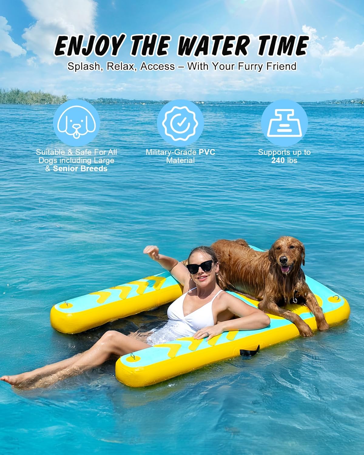 Inflatable Dog Water Ramp, 60"x 40" Extra Large Boat Ramp Floating Dock for Pool Dock Lake Boat, Non-Slip EVA Floating Platform Swimming Float Ladder Steps Pup Plank Pool Ramps for Dogs Up to 240 lbs