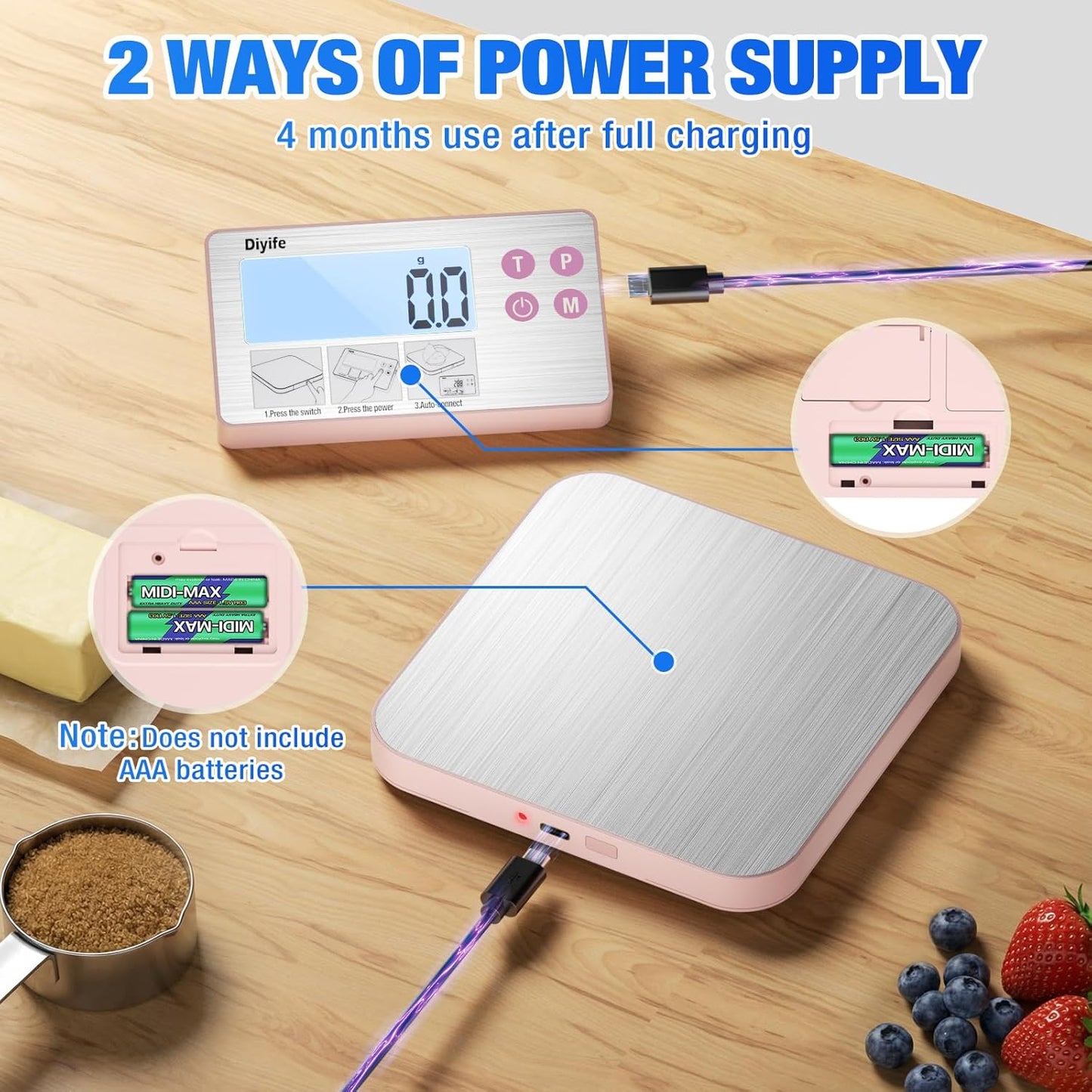 33lb Rechargeable Kitchen Scale, Diyife 304 Stainless Steel Food Scale with Detachable Display, 1g/0.1oz Precise Graduation, Magnetic, Backlit LCD, Tilt Stand, for Baking, Cooking, Meal Prep (Pink)